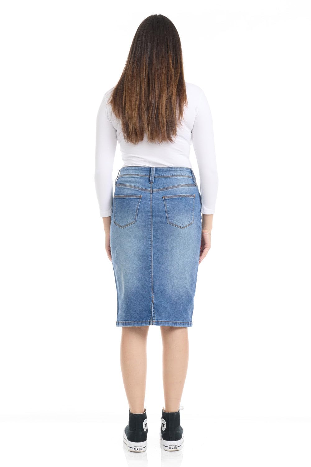 ESTEEZ Repreve Denim Knee-Length Jean Skirt for Women with Pockets - Melrose