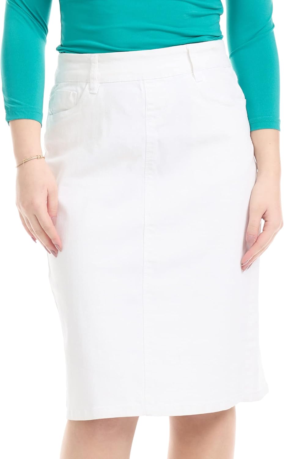 ESTEEZ Women's Stretchy Denim Jean Skirt - Straight Knee-Length with Pockets - Classic & Modest Design - Manhattan