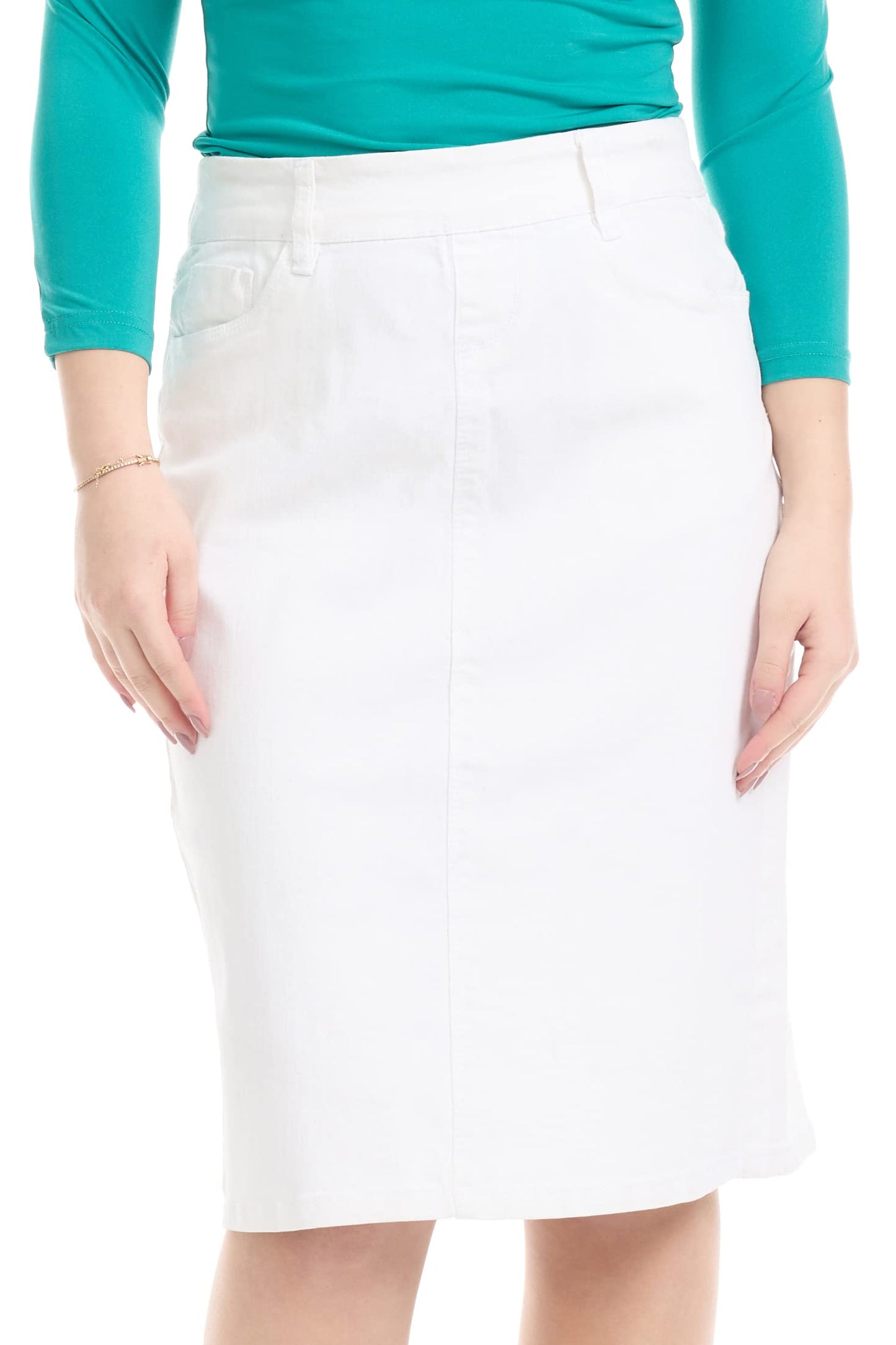 ESTEEZ Women's Stretchy Denim Jean Skirt - Straight Knee-Length with Pockets - Classic & Modest Design - Manhattan
