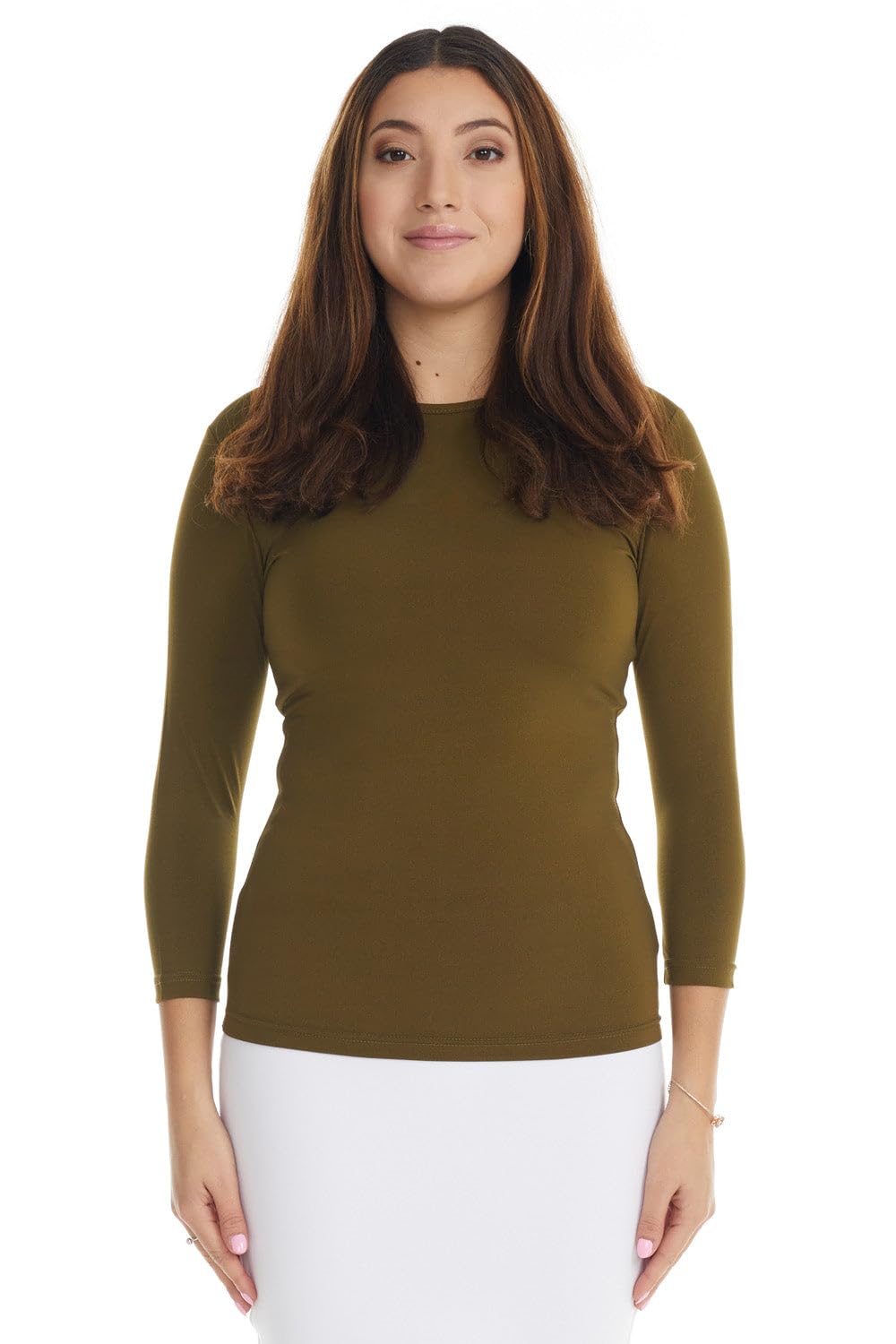 ESTEEZ 3/4 Sleeve Fancy Slinky Crew Neck T-Shirt for Women Base Layering Top Snug Fit