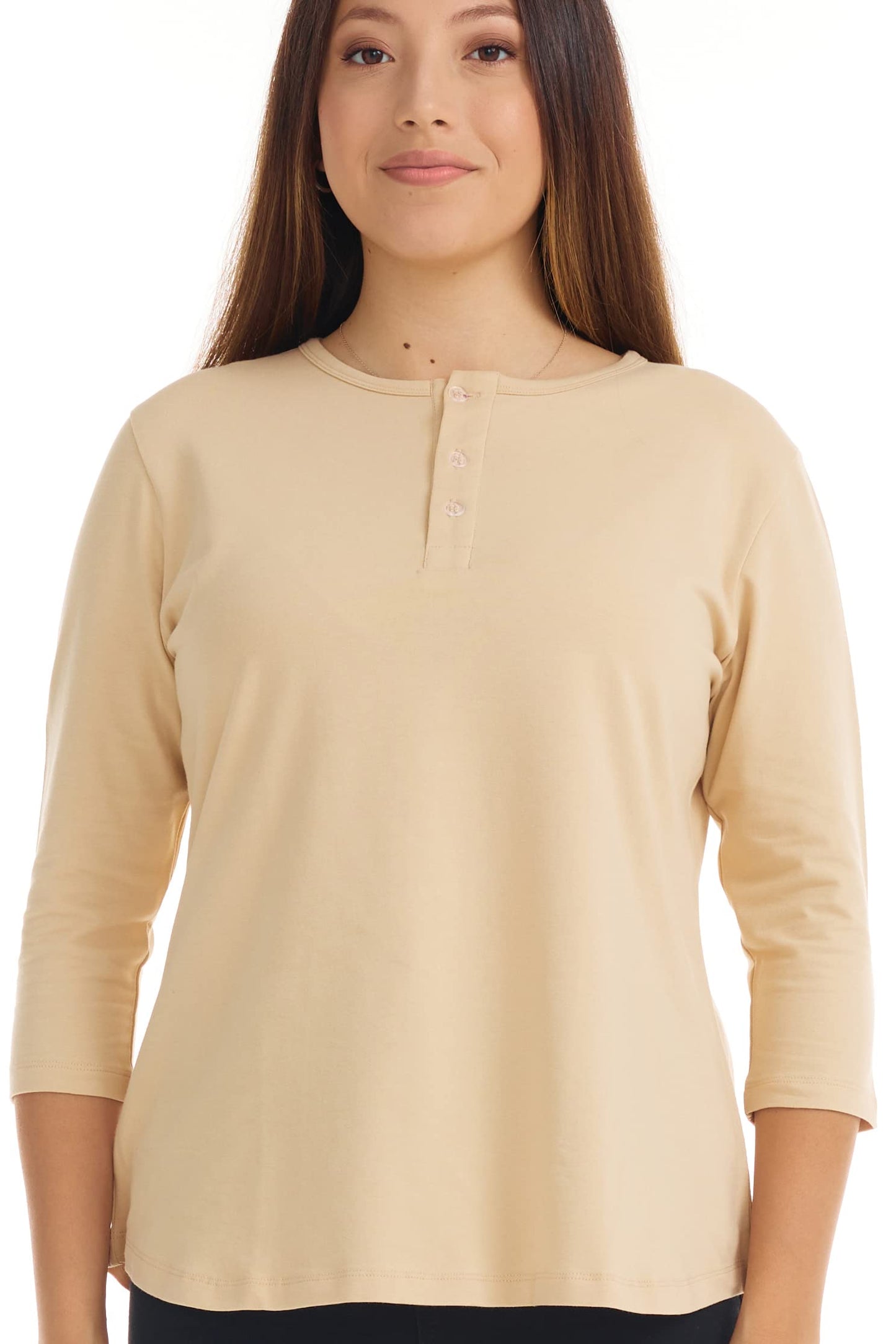 ESTEEZ 3/4 Sleeve Cotton Spandex Casual Henley Tops for Women