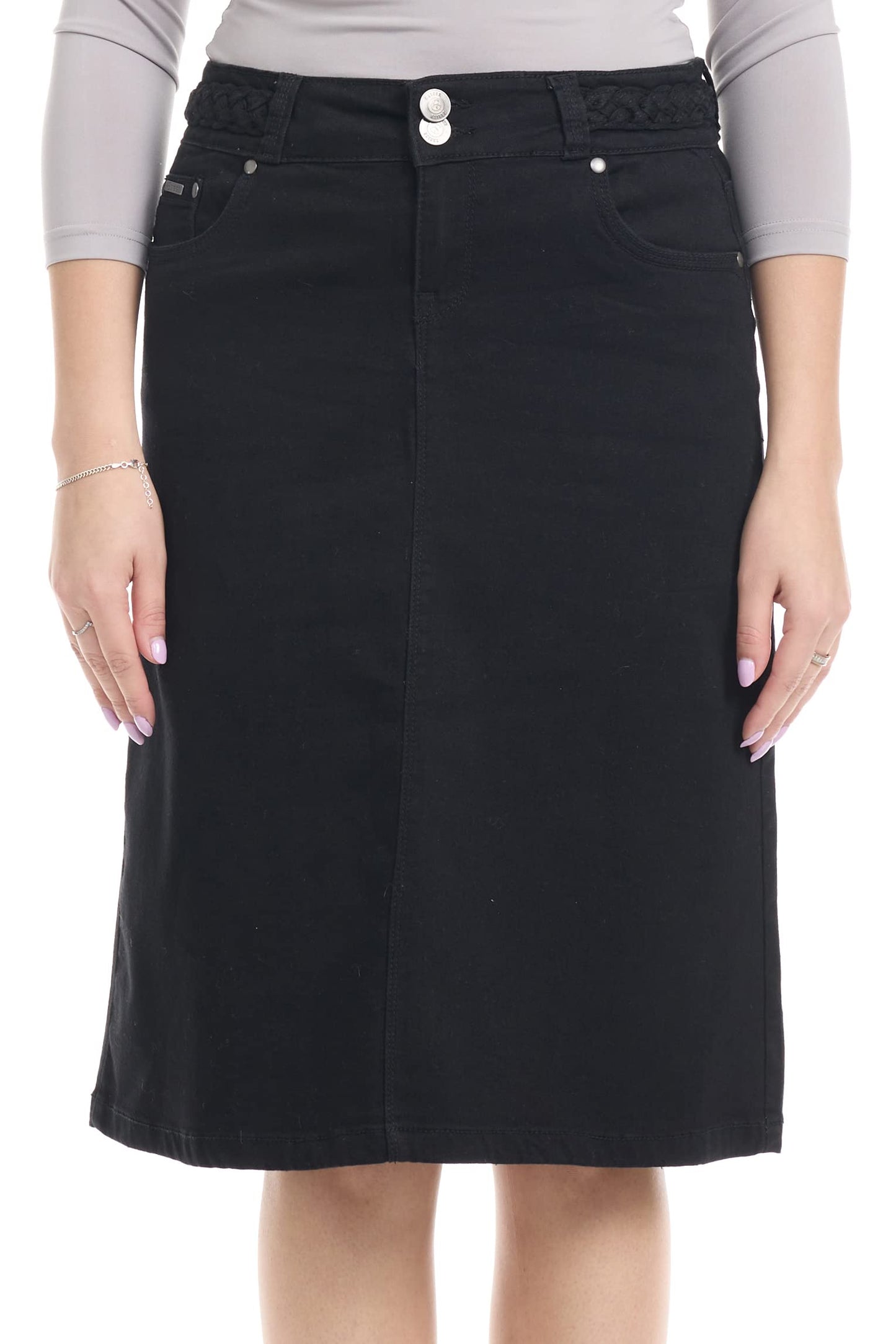 ESTEEZ Knee Length Flary A-Line Stretch Denim Jean Skirt for Women with Pockets - Sydney
