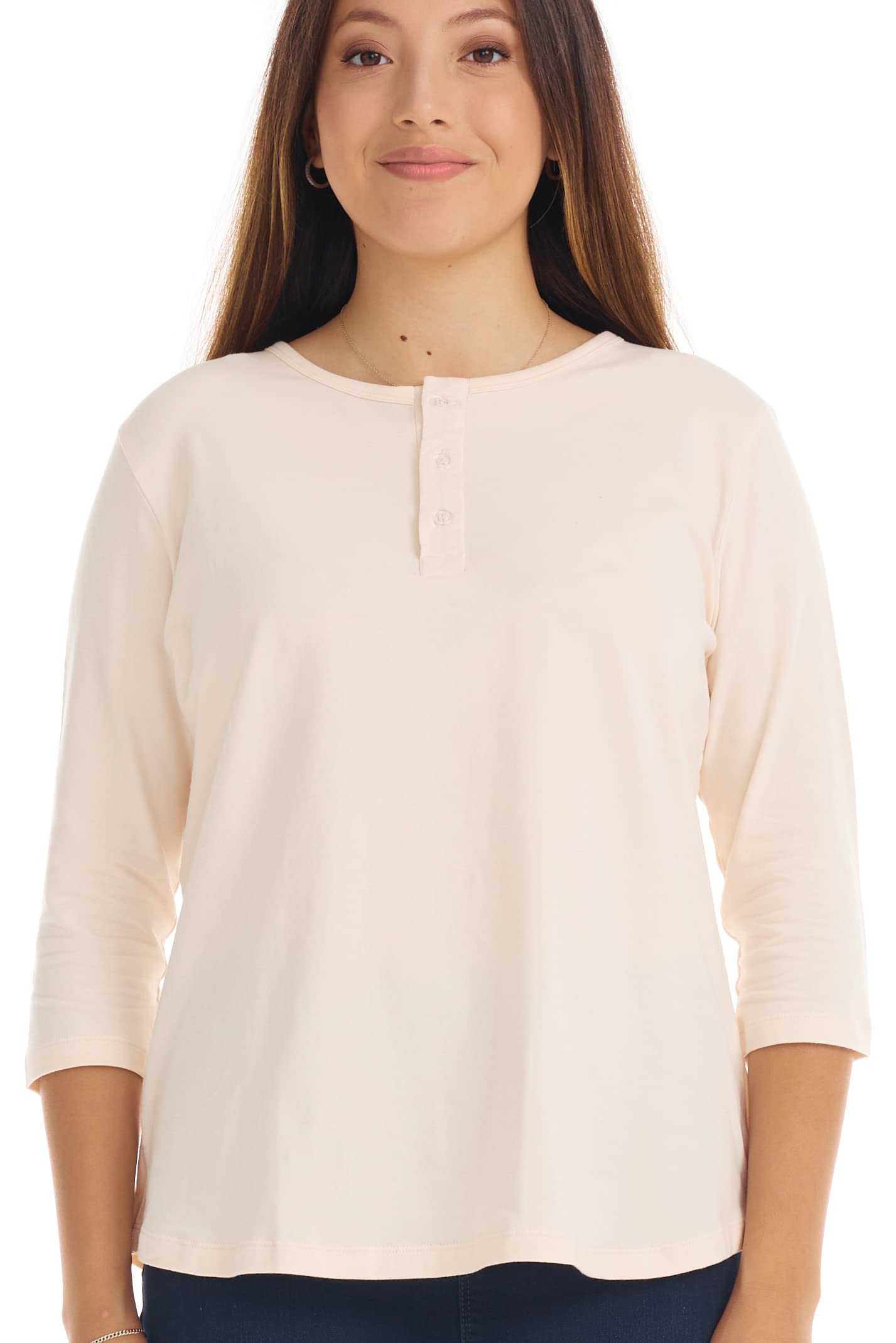 ESTEEZ 3/4 Sleeve Cotton Spandex Casual Henley Tops for Women