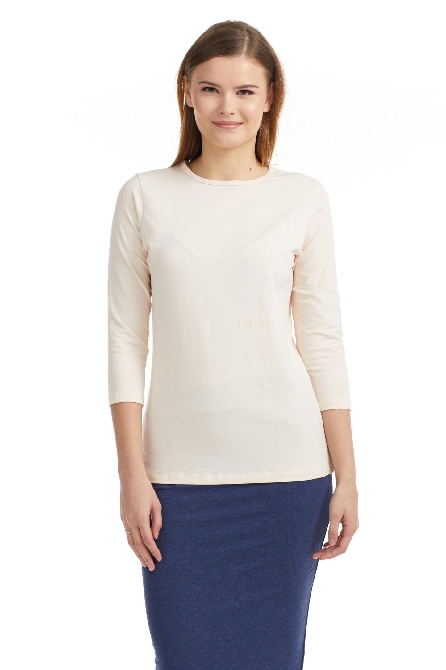 ESTEEZ 3/4 Sleeve Crew Neck Cotton T-Shirt for Women - Relaxed Fit - Base Layering Top