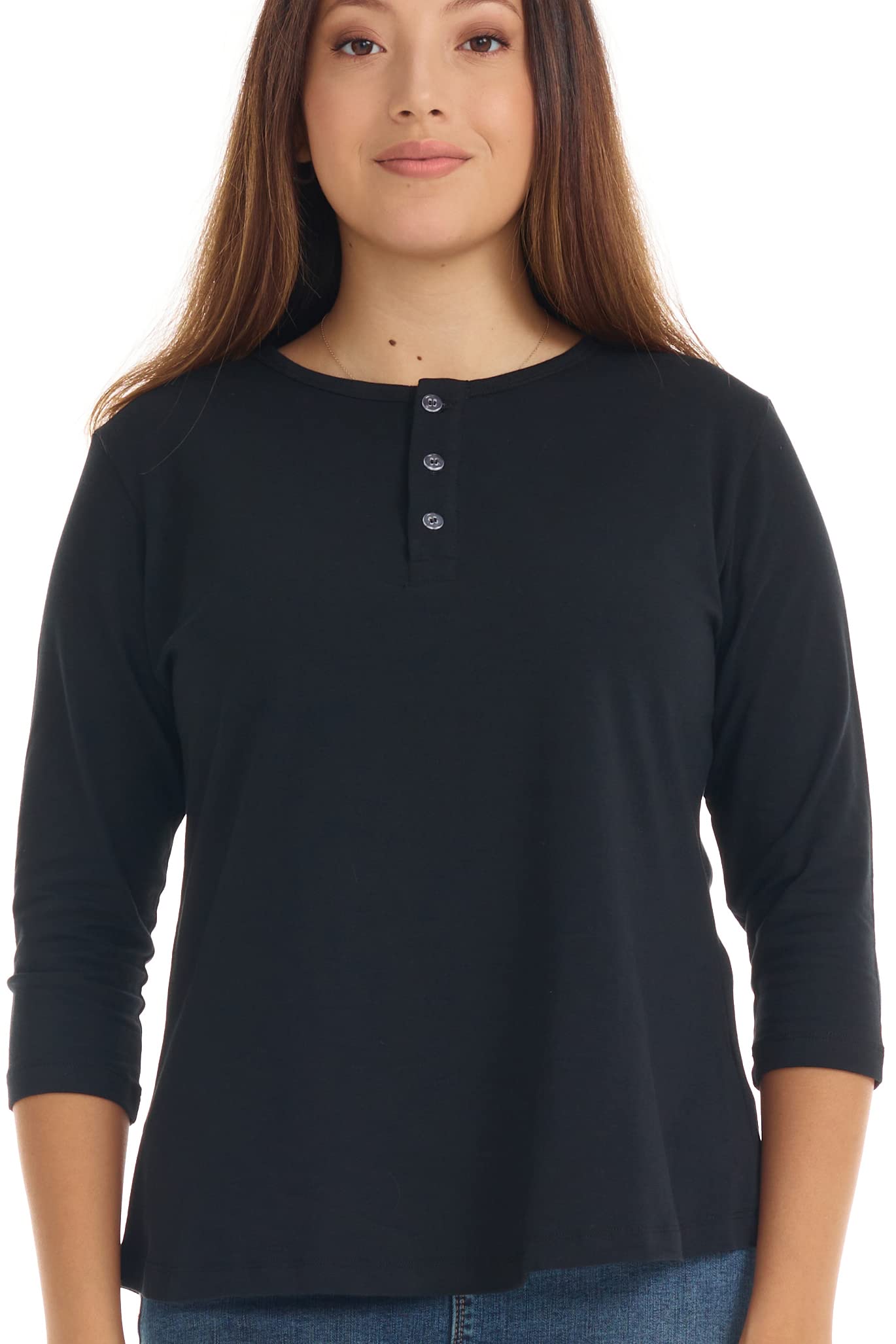ESTEEZ 3/4 Sleeve Cotton Spandex Casual Henley Tops for Women