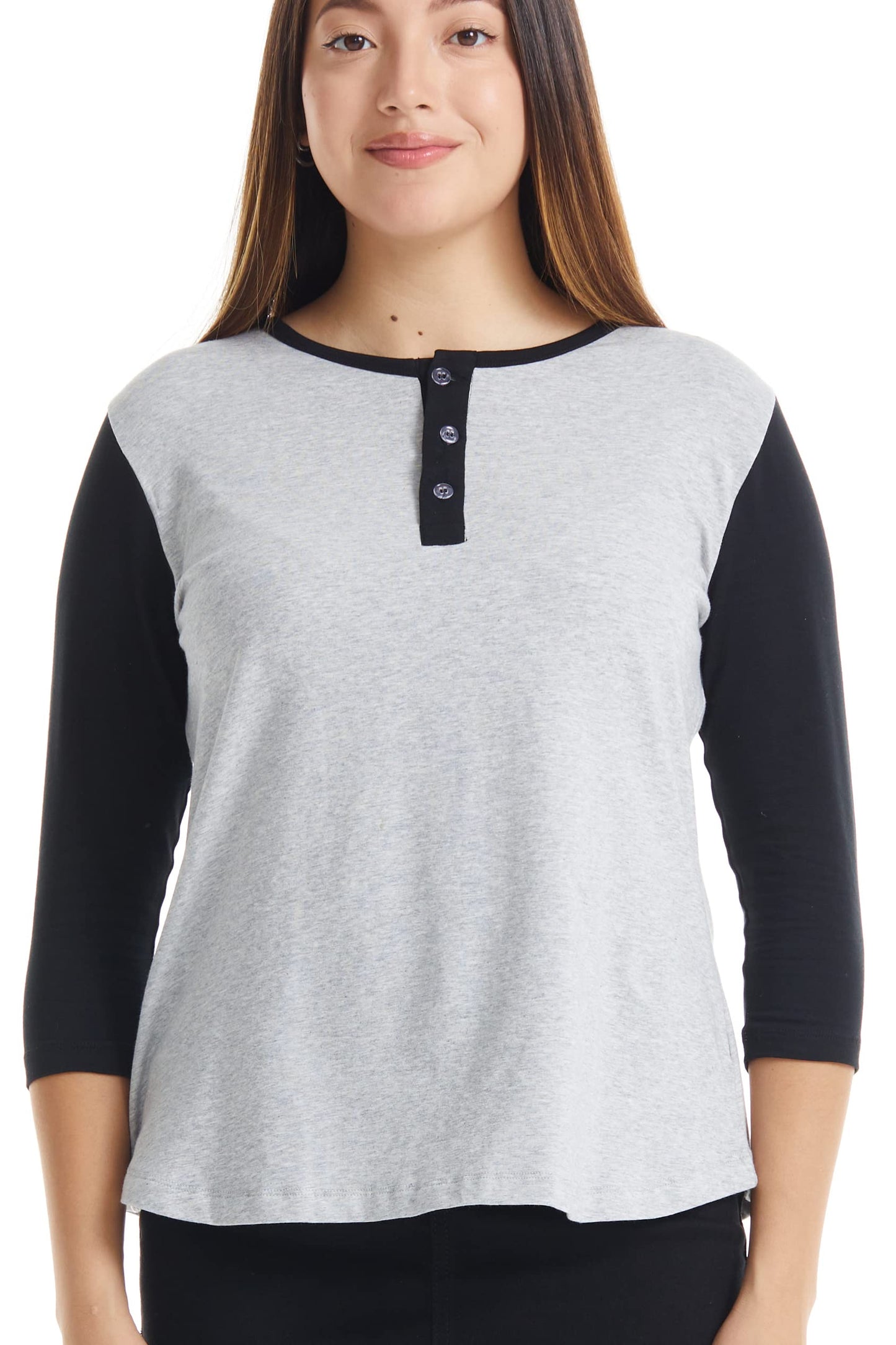 ESTEEZ 3/4 Sleeve Cotton Spandex Casual Henley Tops for Women