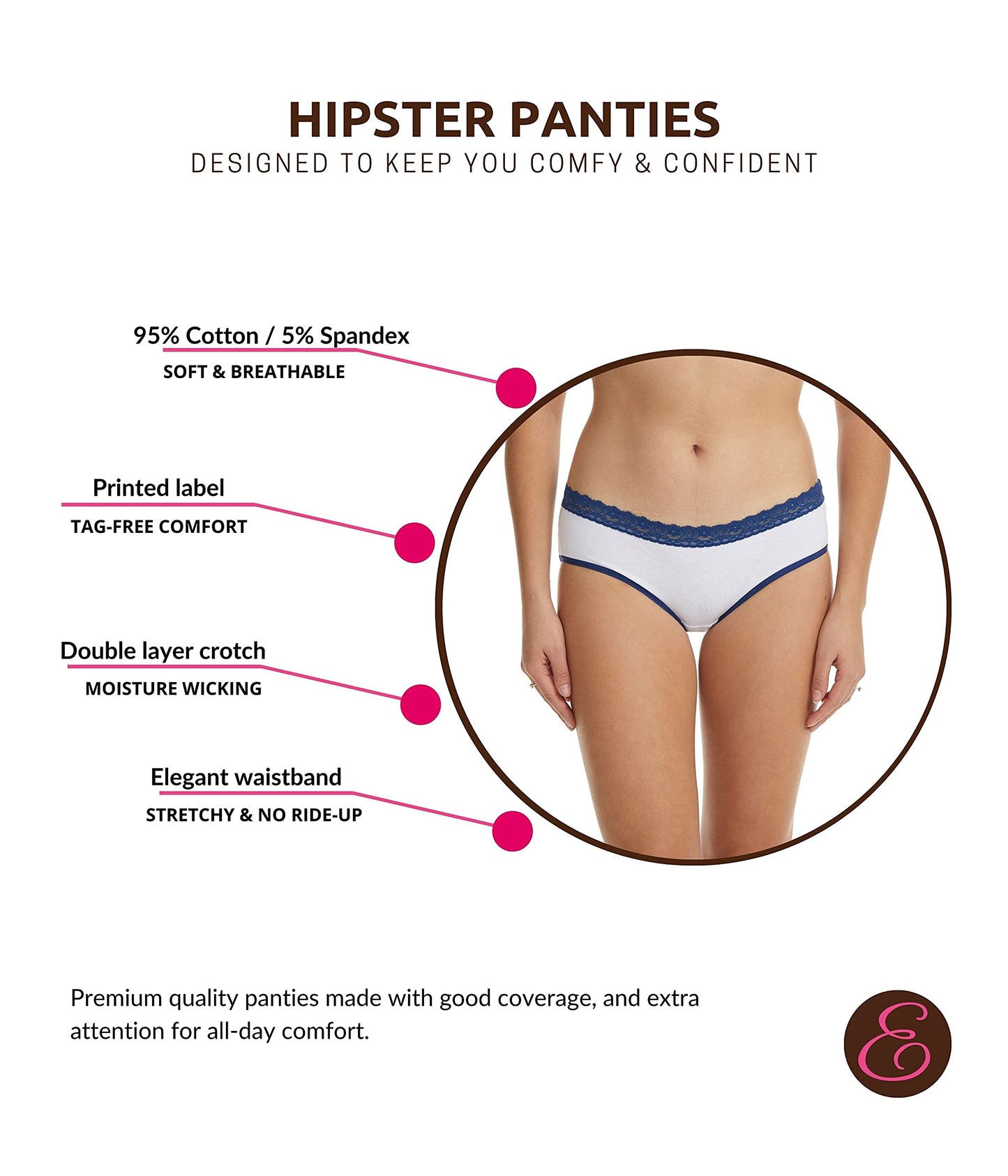 ESTEEZ Comfy Cotton Underwear Panties for Women with Lace Trim Bikini - Hipster - Hi Cut