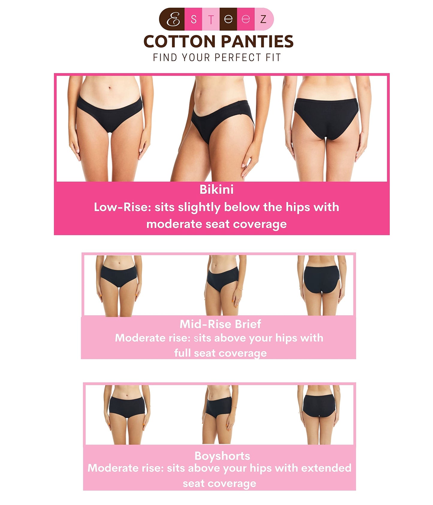 ESTEEZ Women's Breathable Soft Stretch Cotton Underwear - Mid/High Rise Briefs - Low Rise Bikini - Boyshorts