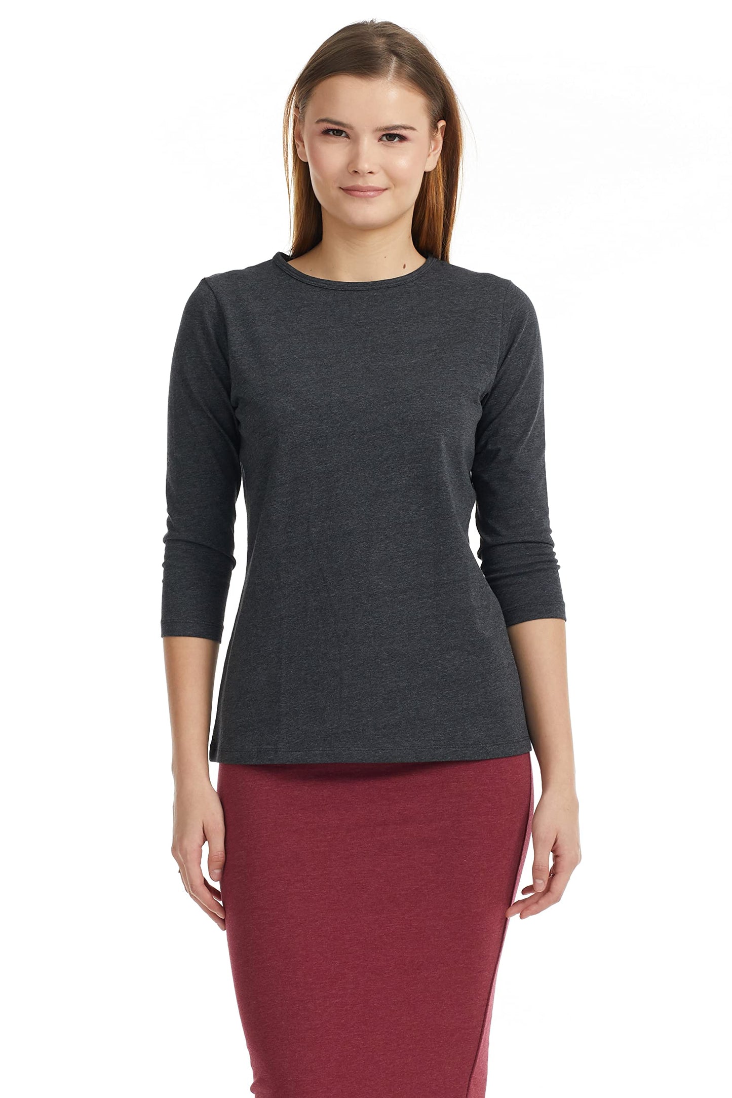 ESTEEZ 3/4 Sleeve Crew Neck Cotton T-Shirt for Women - Relaxed Fit - Base Layering Top