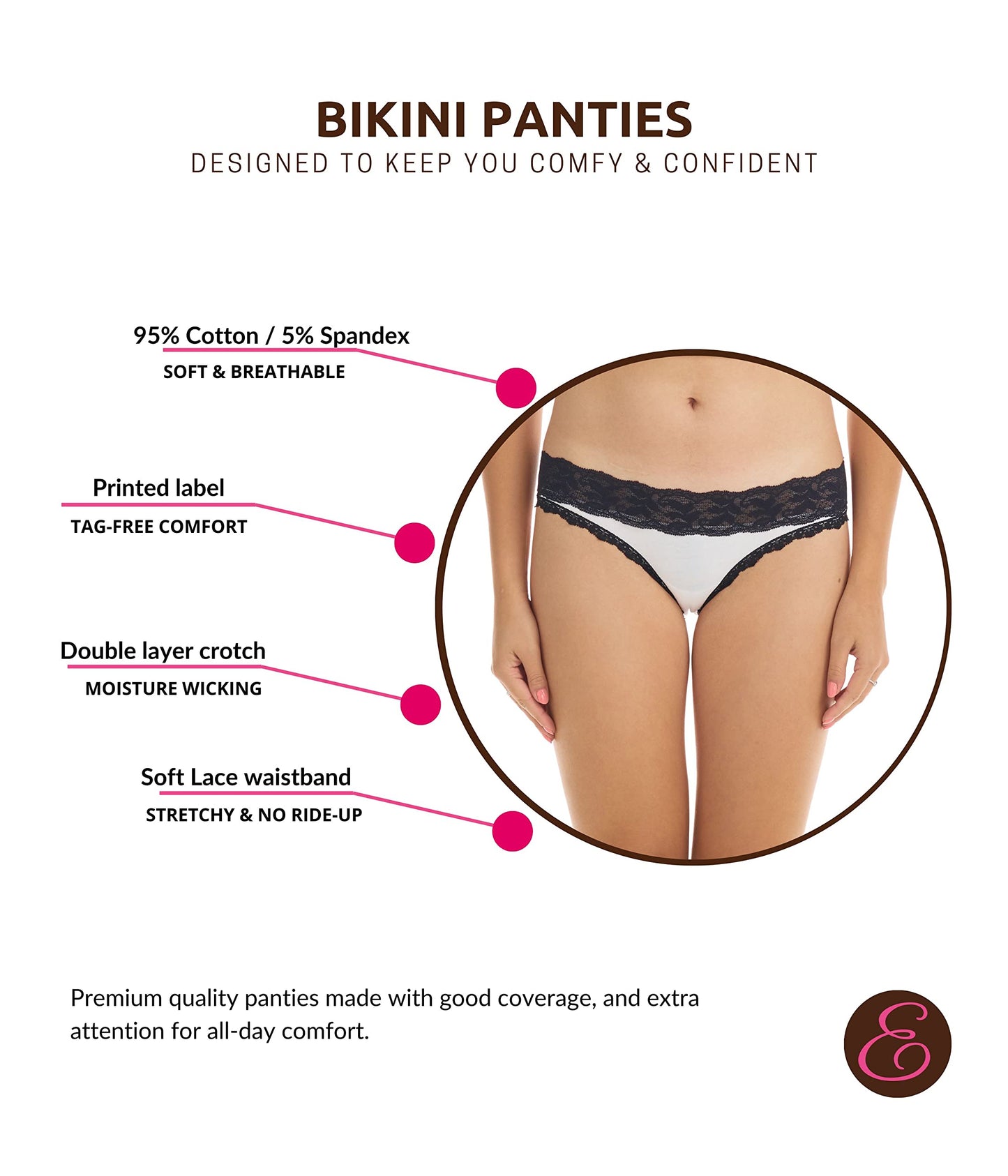 ESTEEZ Comfy Cotton Underwear Panties for Women with Lace Trim Bikini - Hipster - Hi Cut