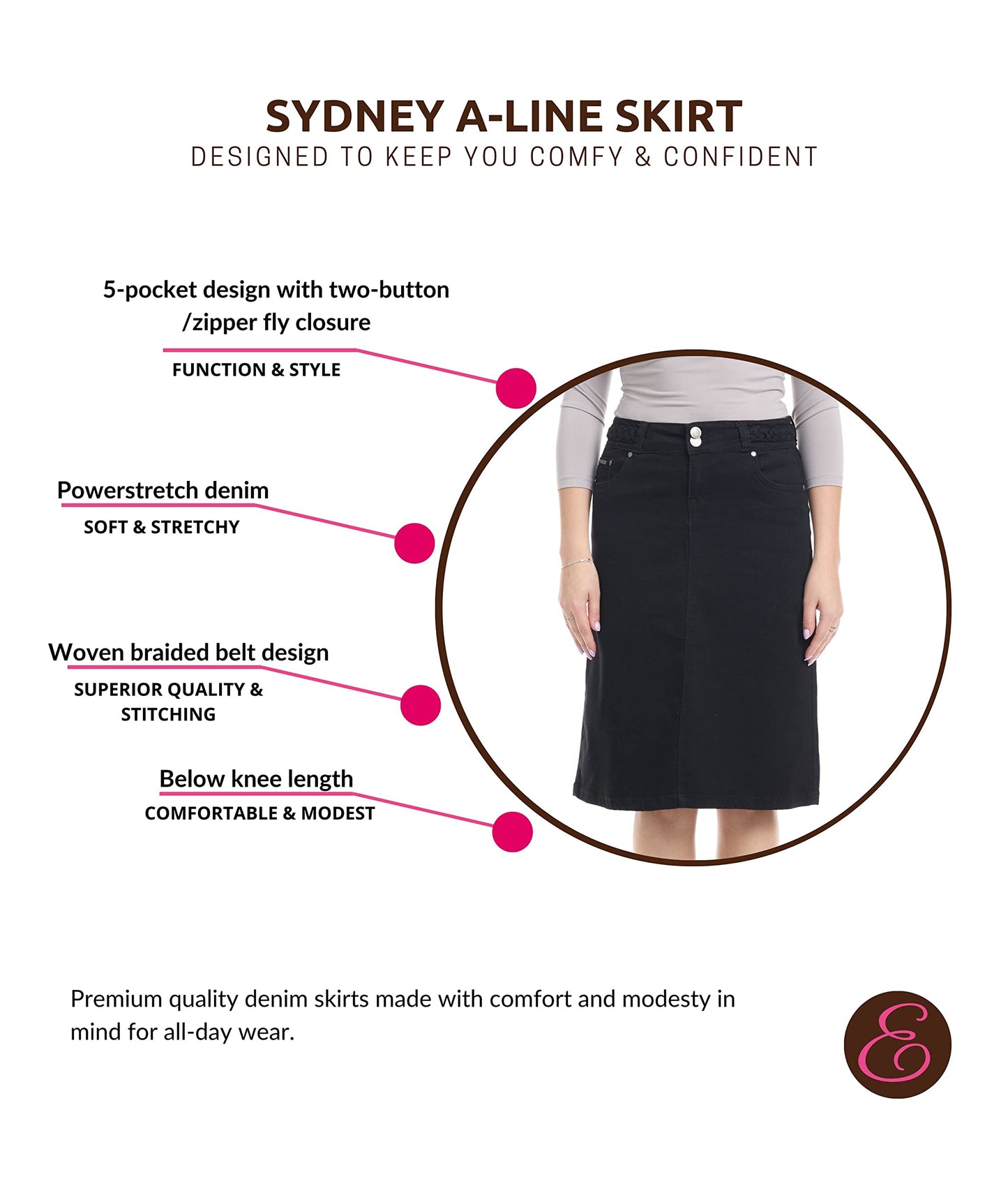ESTEEZ Knee Length Flary A-Line Stretch Denim Jean Skirt for Women with Pockets - Sydney