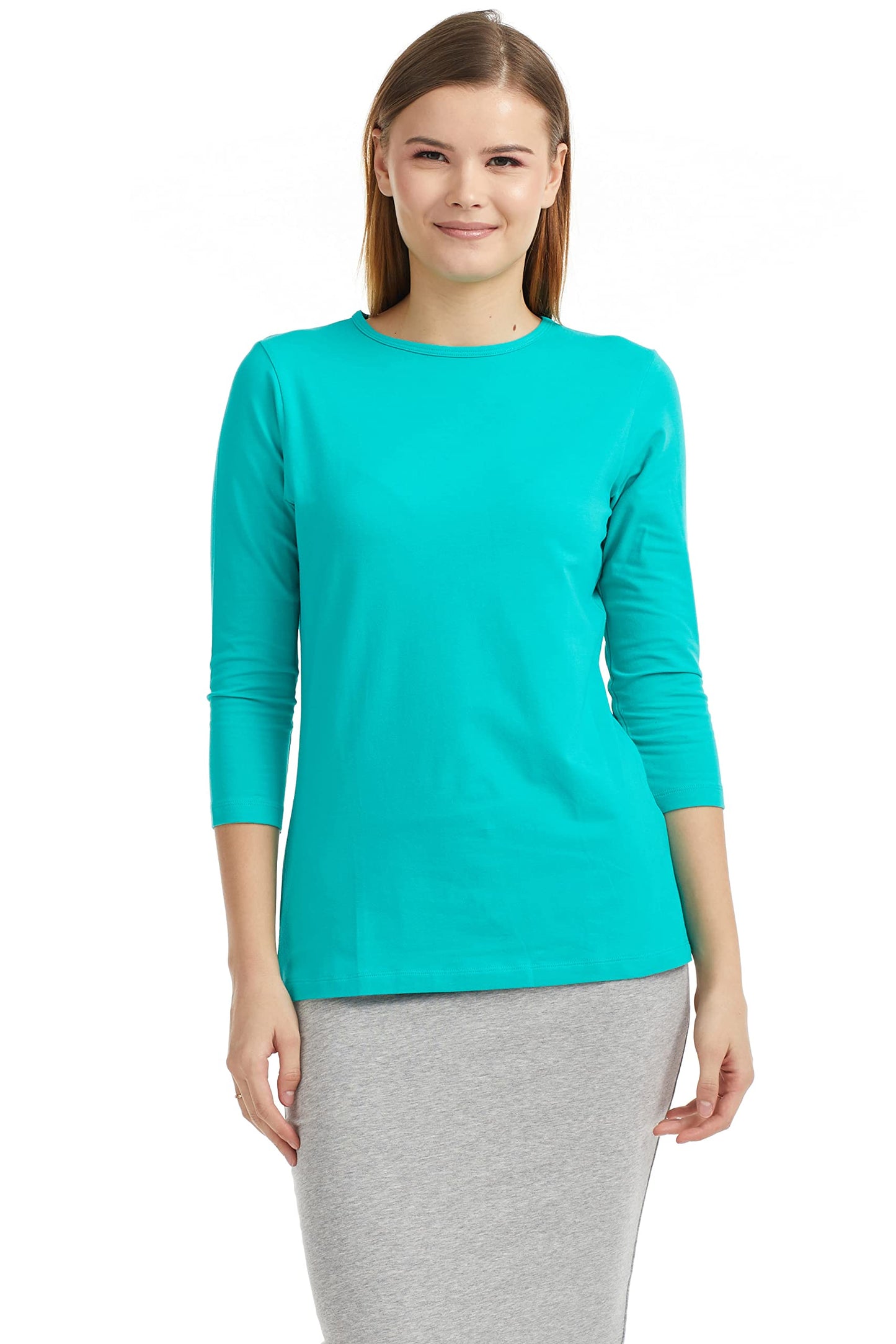 ESTEEZ 3/4 Sleeve Crew Neck Cotton T-Shirt for Women - Relaxed Fit - Base Layering Top