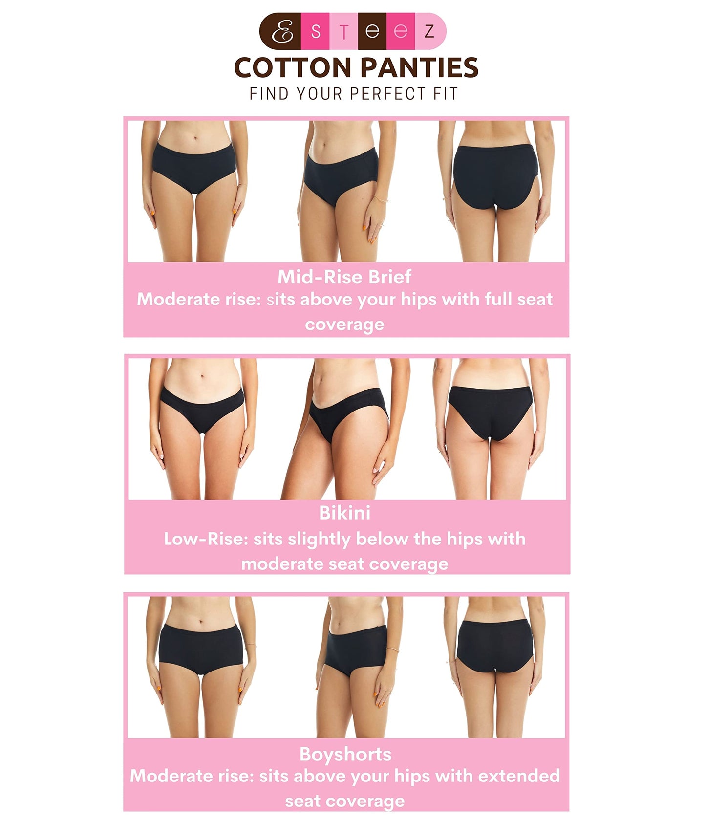 ESTEEZ Comfy Cotton Underwear Panties for Women with Lace Trim Bikini - Hipster - Hi Cut
