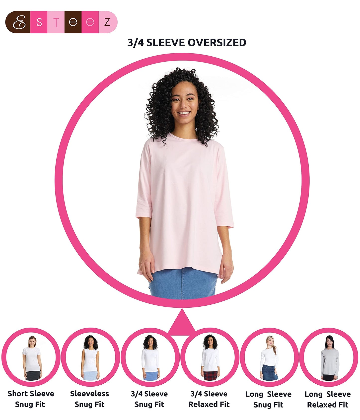 ESTEEZ 3/4 Sleeve Comfy Oversized Loose Fit Cotton T-Shirts for Women