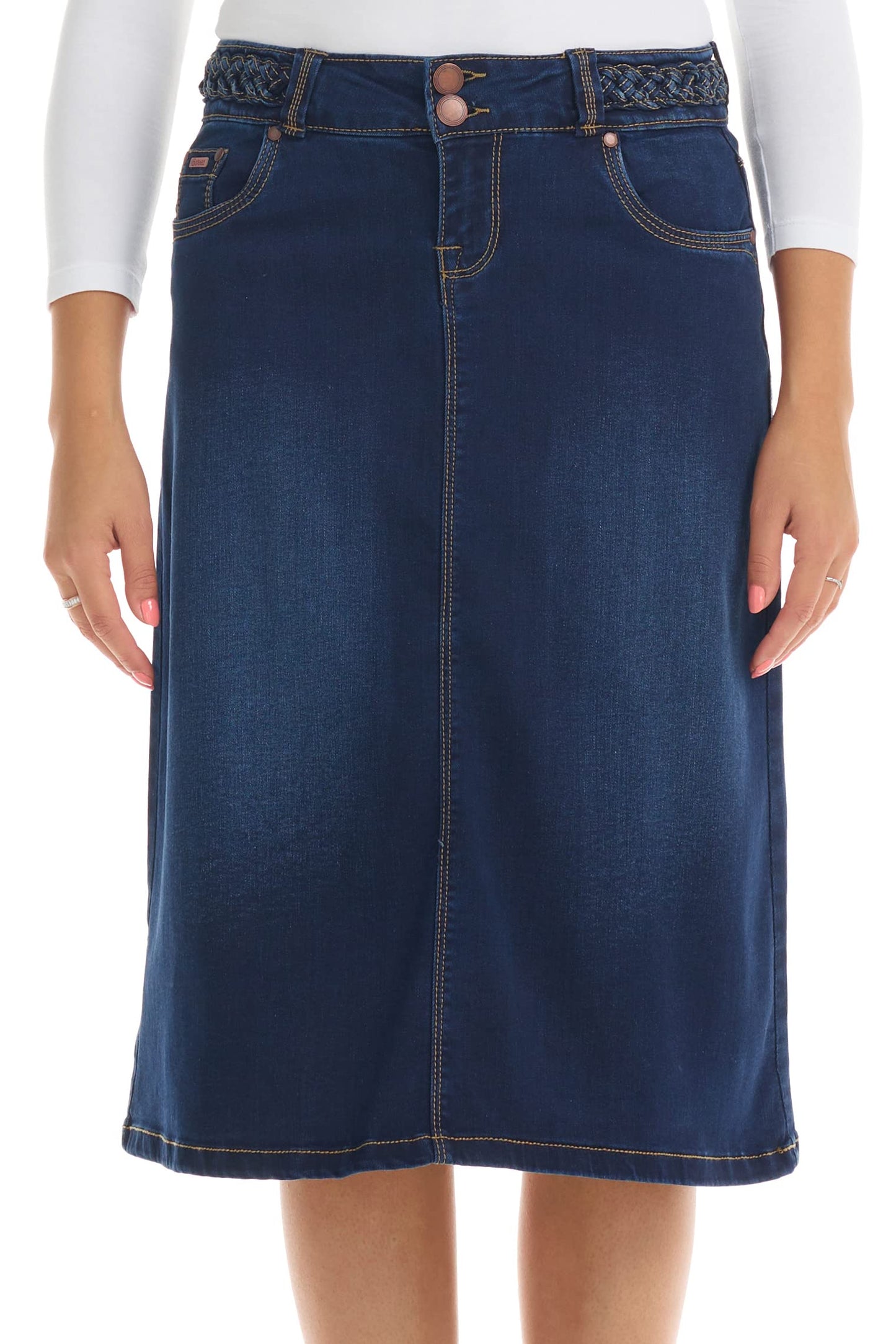 ESTEEZ Knee Length Flary A-Line Stretch Denim Jean Skirt for Women with Pockets - Sydney