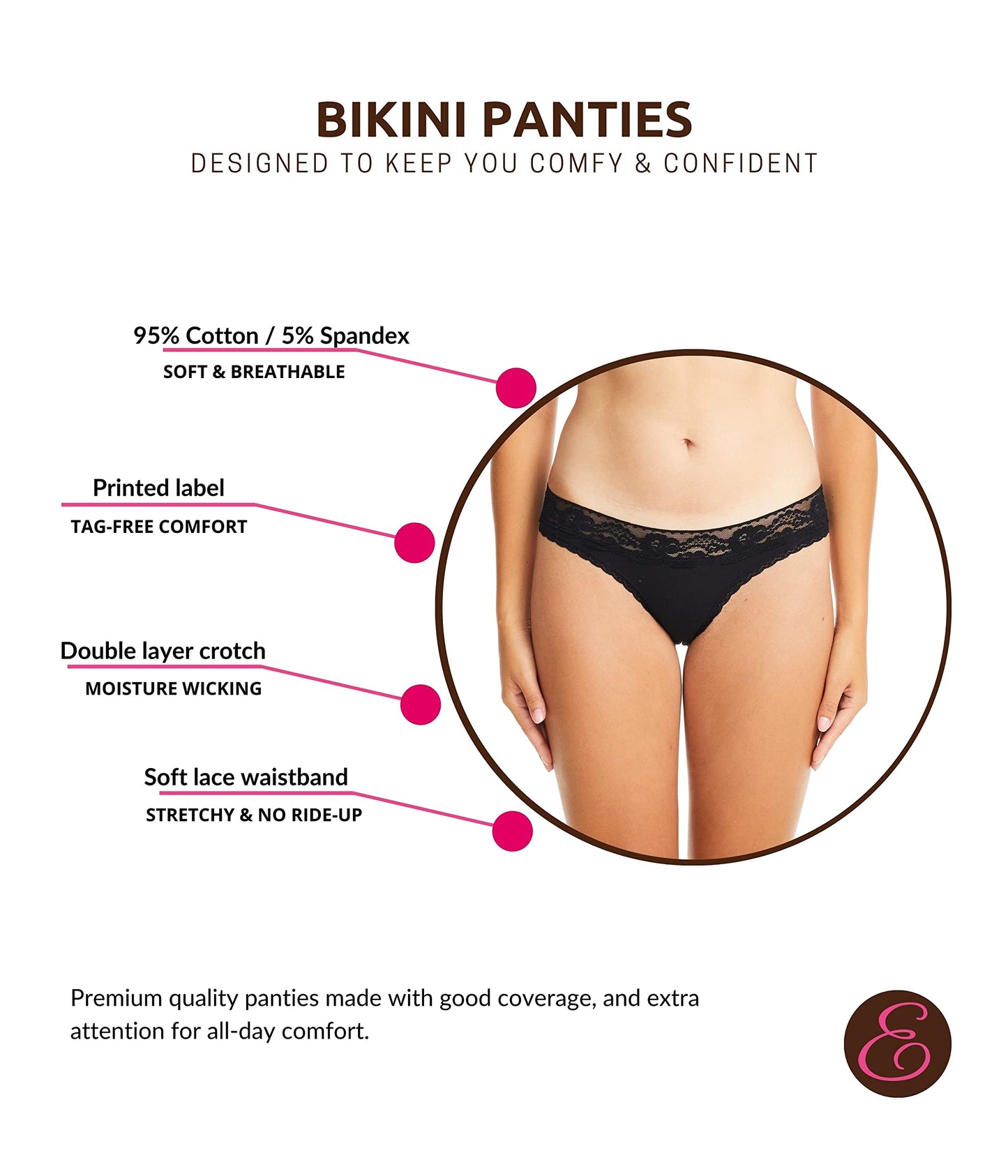 ESTEEZ Comfy Cotton Underwear Panties for Women with Lace Trim Bikini - Hipster - Hi Cut