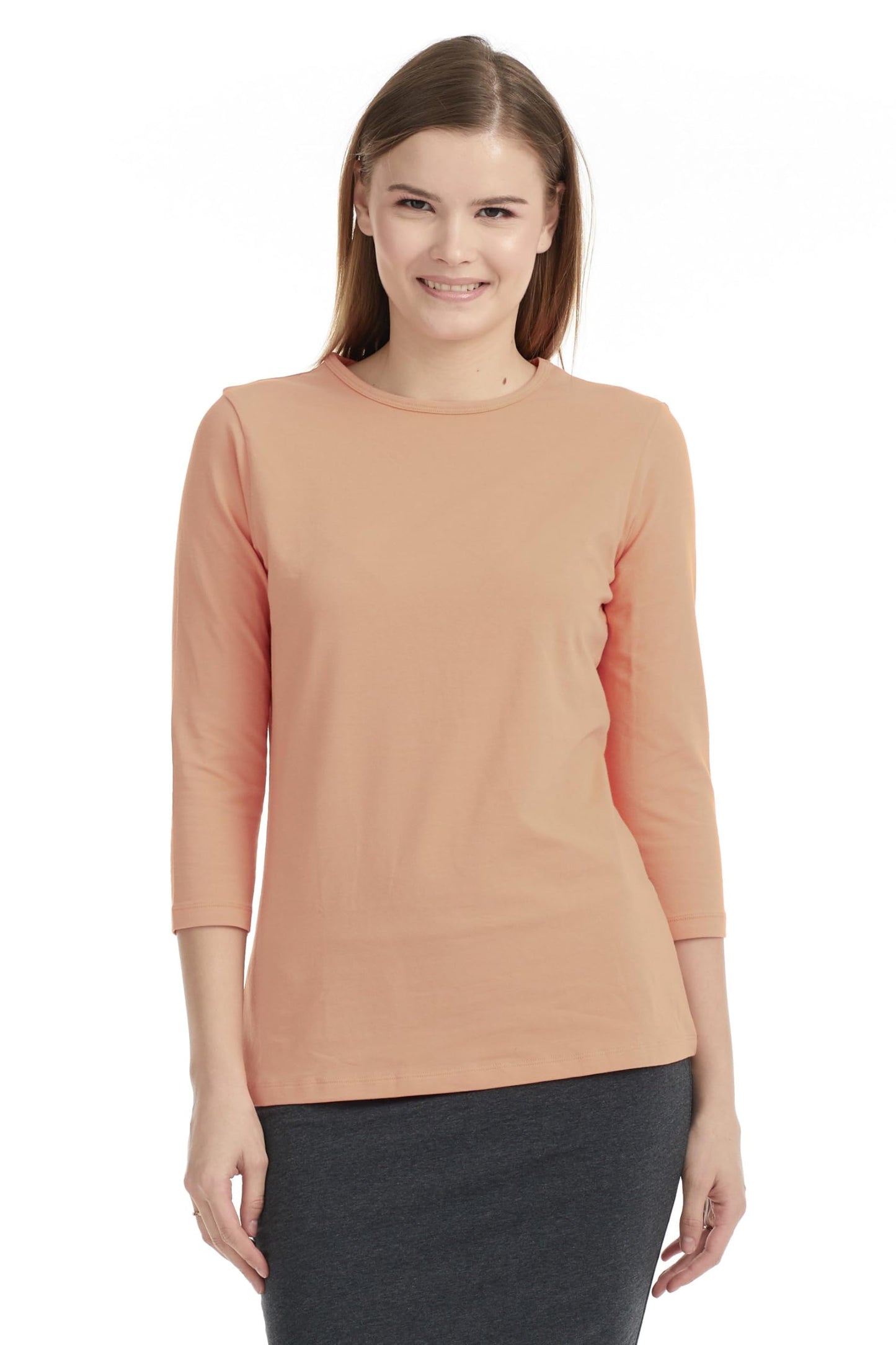 ESTEEZ 3/4 Sleeve Crew Neck Cotton T-Shirt for Women - Relaxed Fit - Base Layering Top