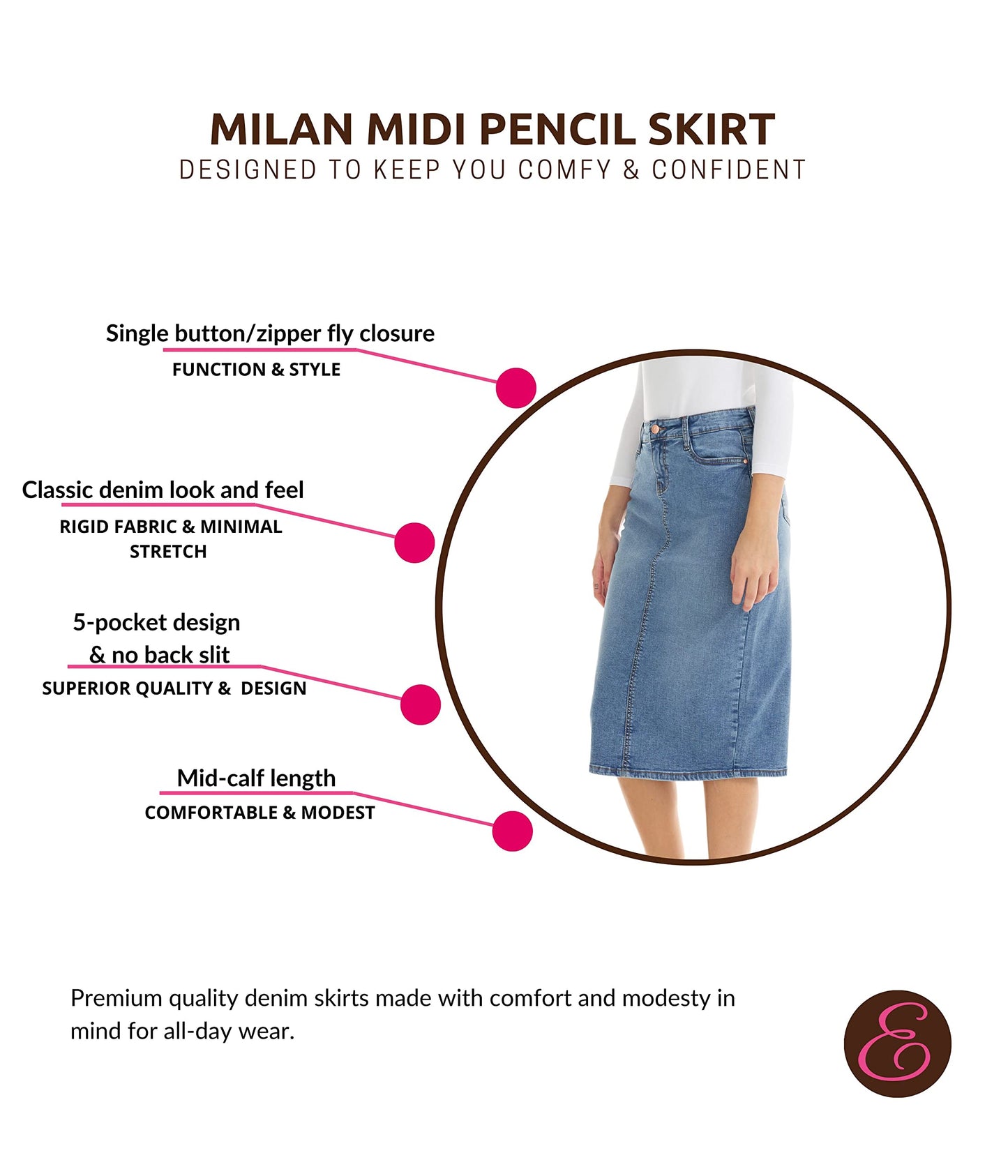 ESTEEZ Midi Length Pencil Stretch Denim Jean Skirt with Pockets for Women - Milan