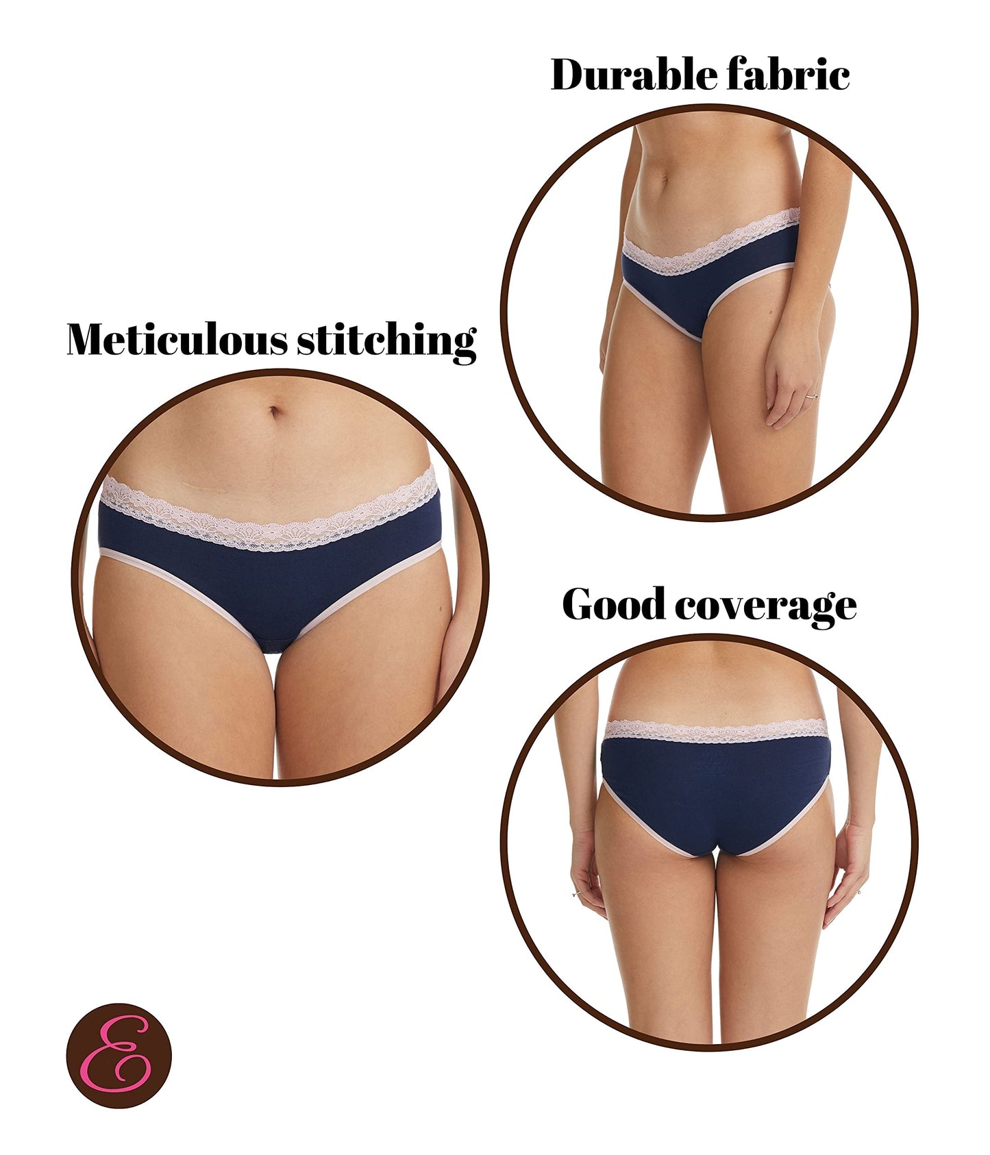 ESTEEZ Comfy Cotton Underwear Panties for Women with Lace Trim Bikini - Hipster - Hi Cut