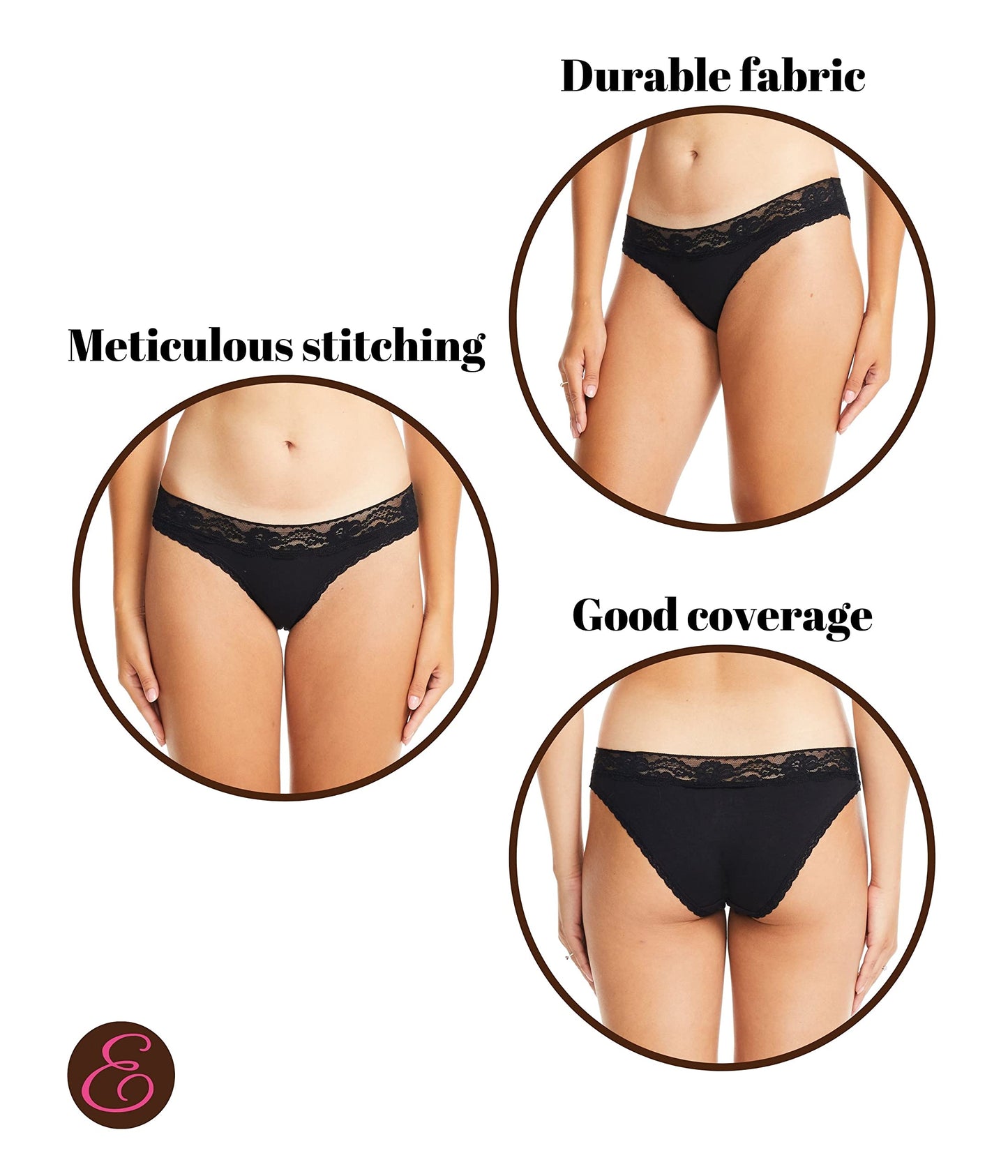 ESTEEZ Comfy Cotton Underwear Panties for Women with Lace Trim Bikini - Hipster - Hi Cut