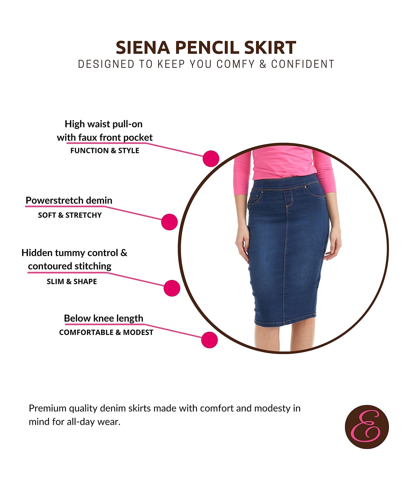 ESTEEZ High Waisted Pull-on Knee Length Stretch Denim Jean Skirt for Women - Siena