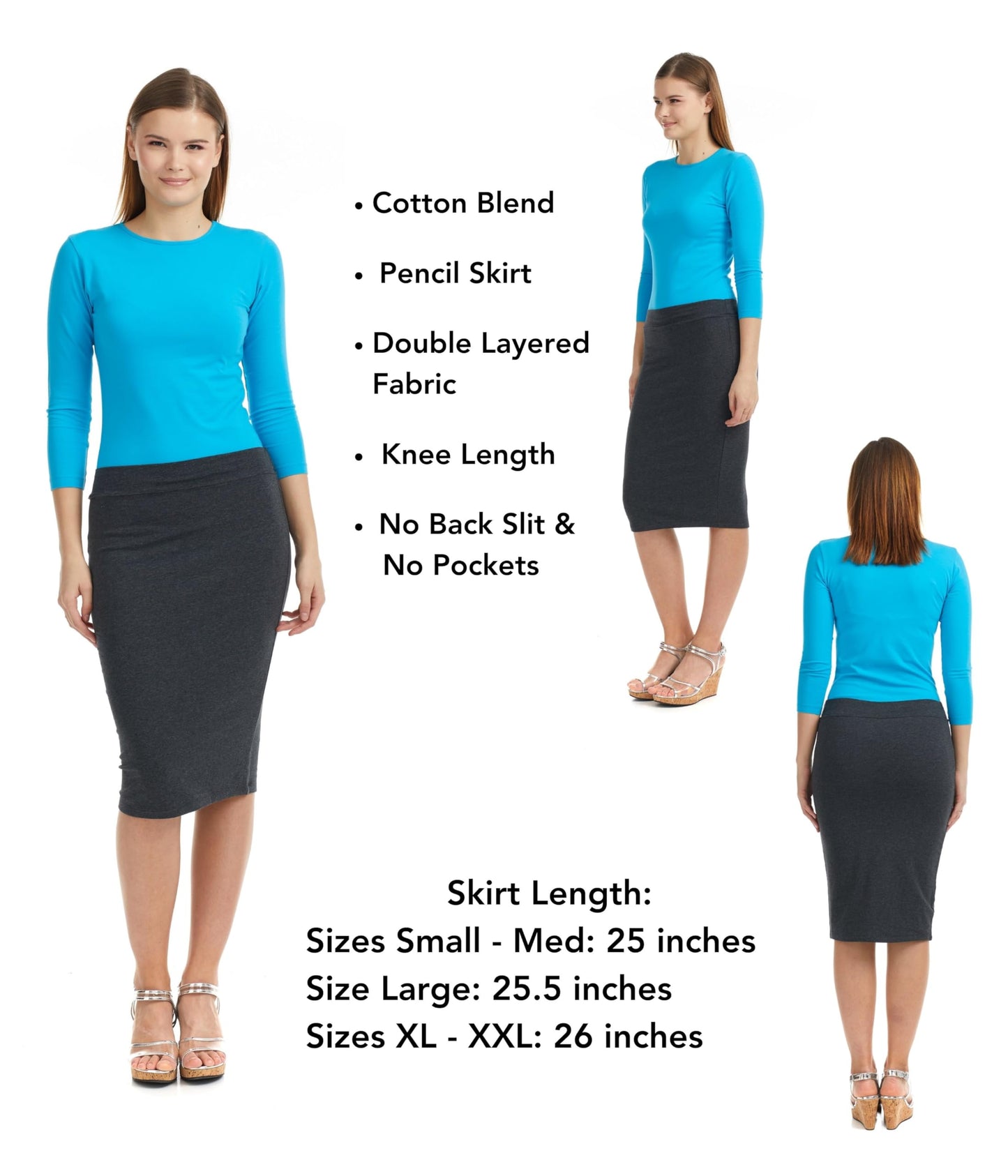 ESTEEZ Women's Form Fitting Snug Pencil Skirt - Modest Stretchy Below The Knee - Chicago