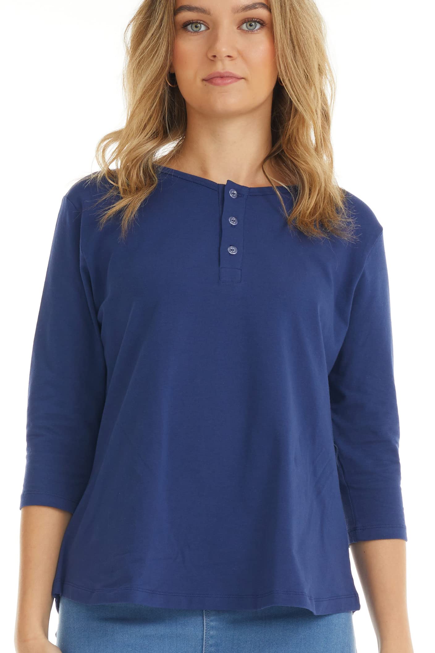 ESTEEZ 3/4 Sleeve Cotton Spandex Casual Henley Tops for Women