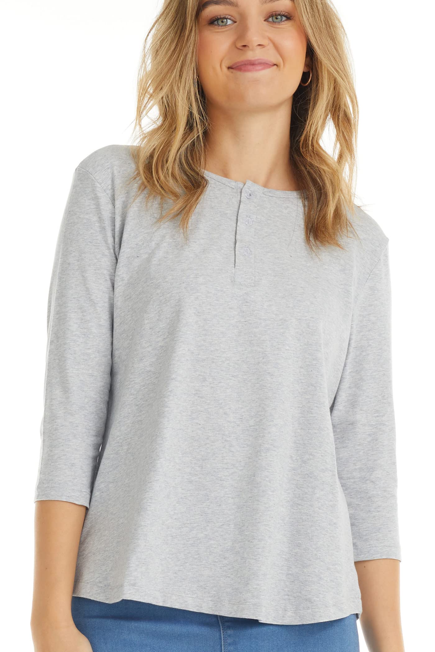 ESTEEZ 3/4 Sleeve Cotton Spandex Casual Henley Tops for Women