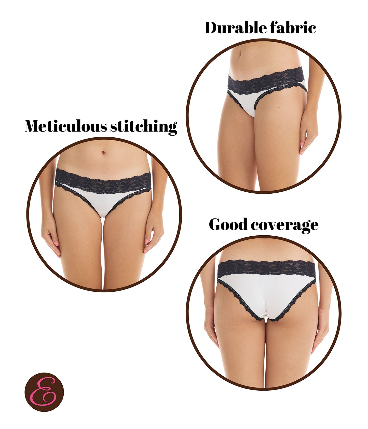 ESTEEZ Comfy Cotton Underwear Panties for Women with Lace Trim Bikini - Hipster - Hi Cut