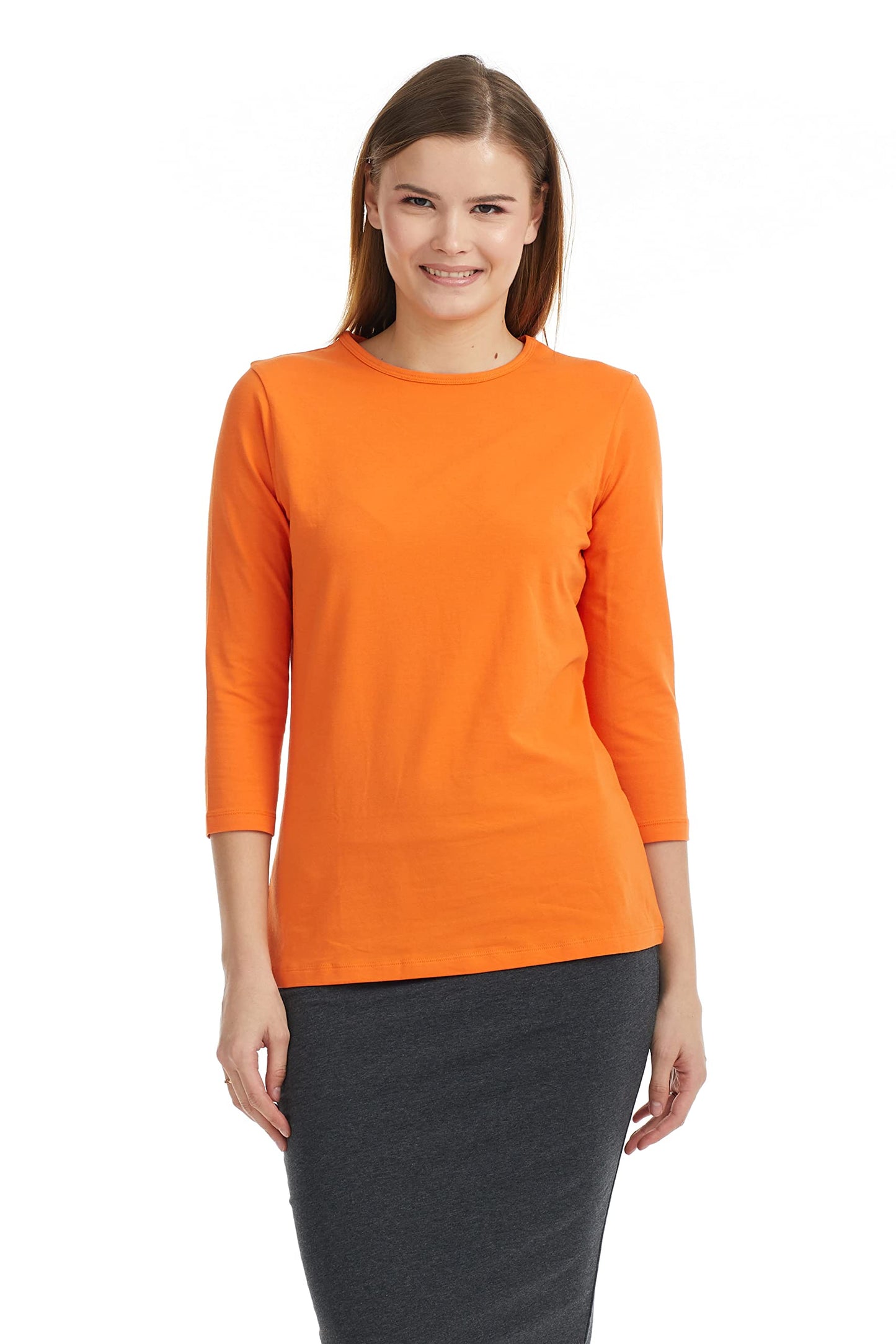 ESTEEZ 3/4 Sleeve Crew Neck Cotton T-Shirt for Women - Relaxed Fit - Base Layering Top
