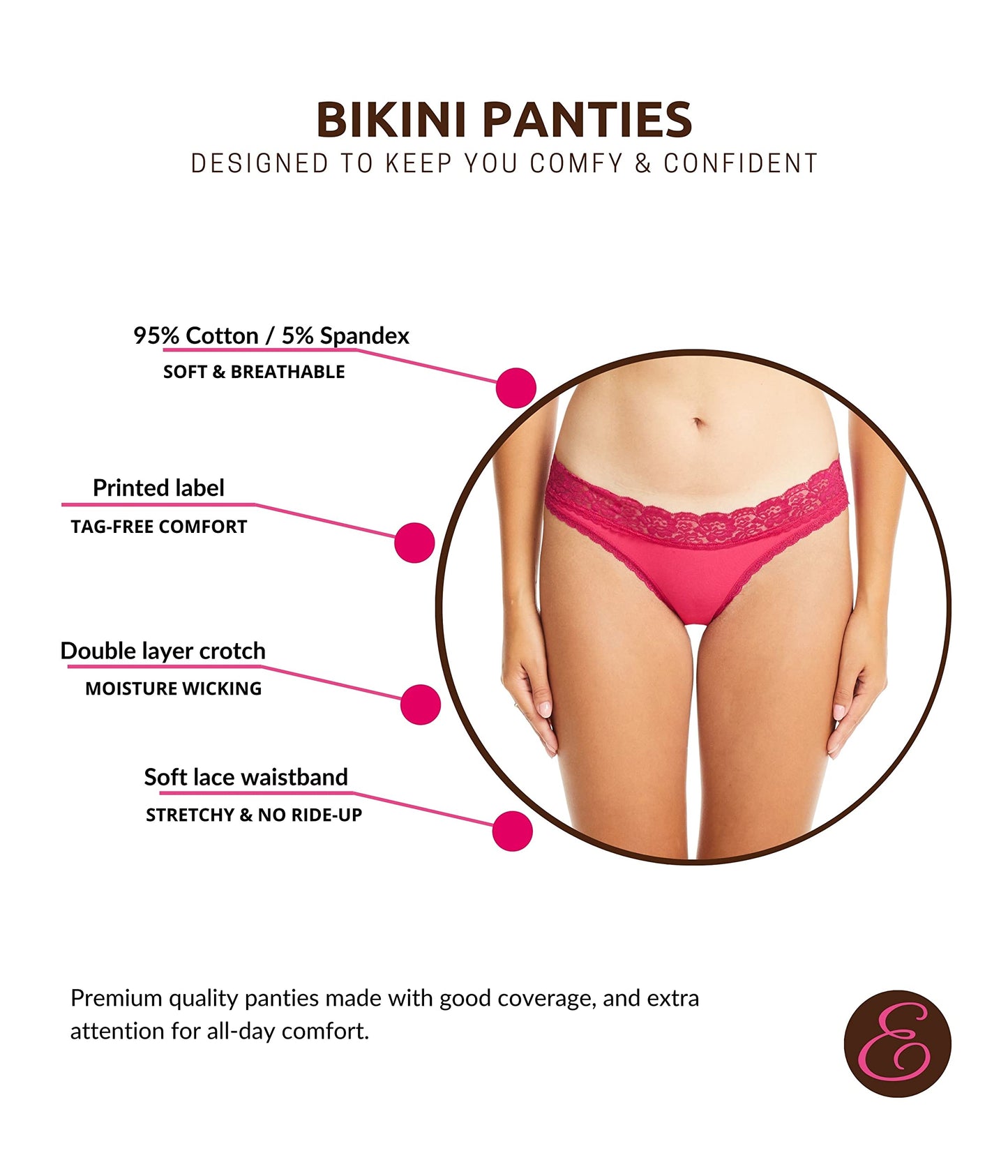 ESTEEZ Comfy Cotton Underwear Panties for Women with Lace Trim Bikini - Hipster - Hi Cut