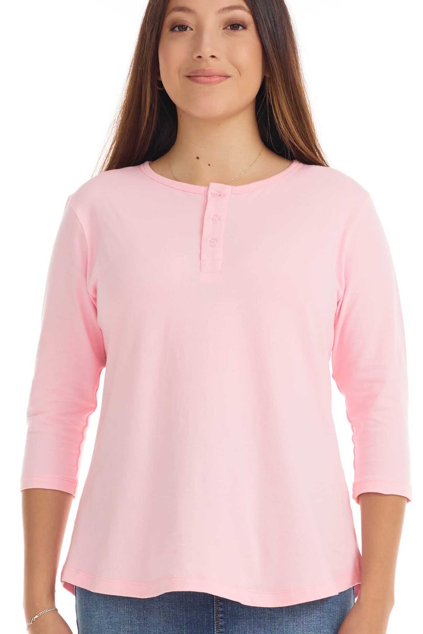 ESTEEZ 3/4 Sleeve Cotton Spandex Casual Henley Tops for Women