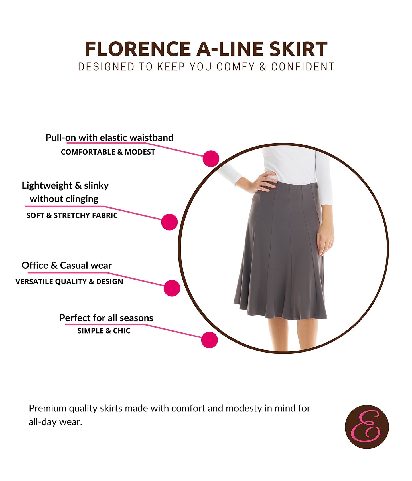 ESTEEZ Stretchy A-Line Skirt for Women - Knee Length/Midi