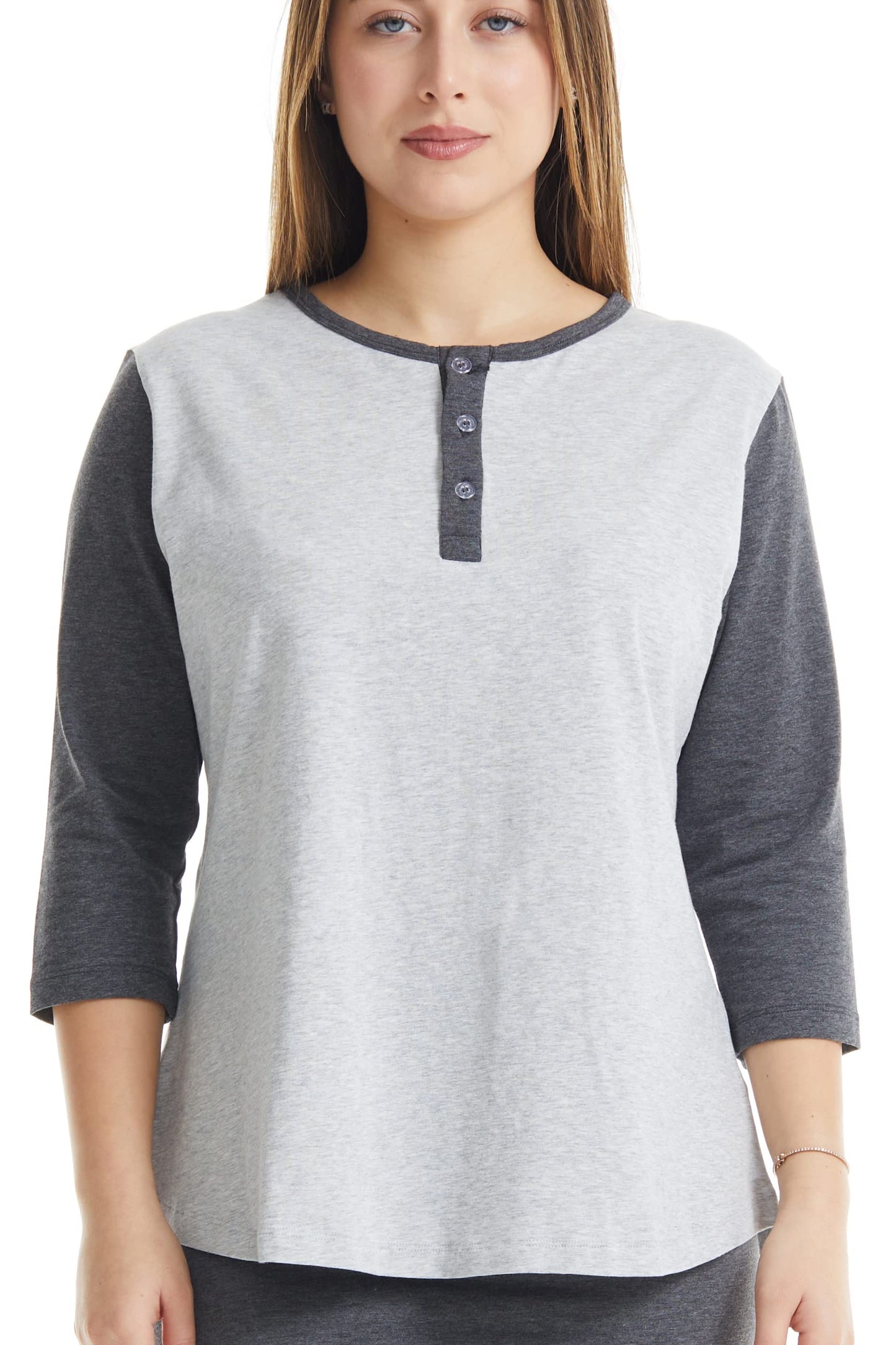 ESTEEZ 3/4 Sleeve Cotton Spandex Casual Henley Tops for Women