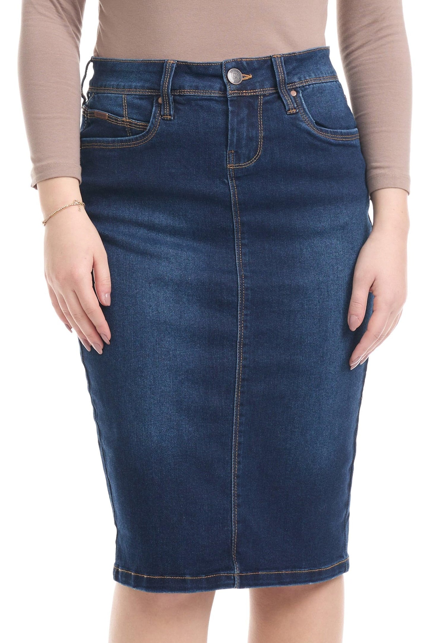 ESTEEZ Repreve Denim Knee-Length Jean Skirt for Women with Pockets - Melrose