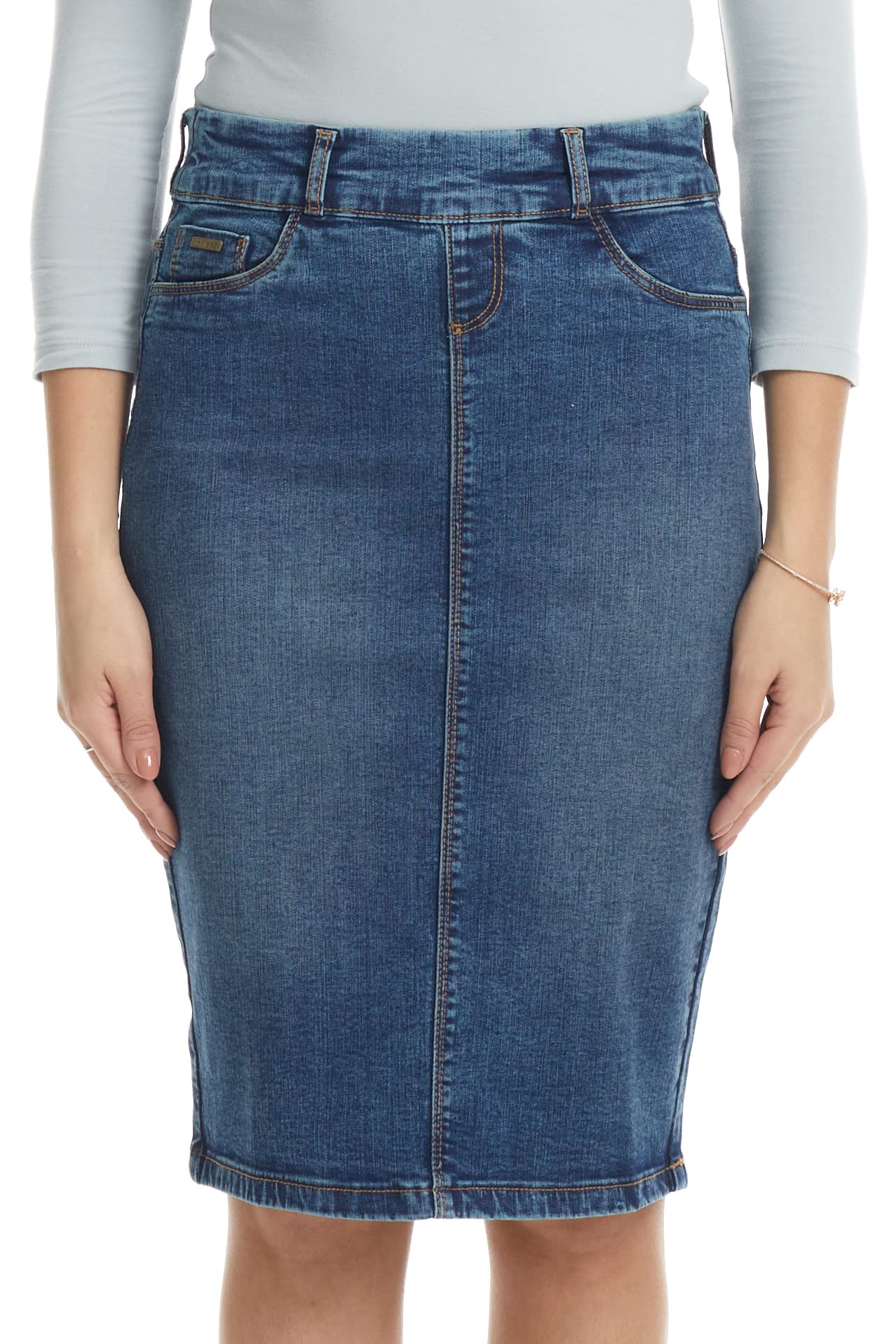 ESTEEZ Women's Stretch Denim Pencil Skirt – Soft, Flexible, Body-Hugging, Knee-Length Jean Skirt ‘Brooklyn’