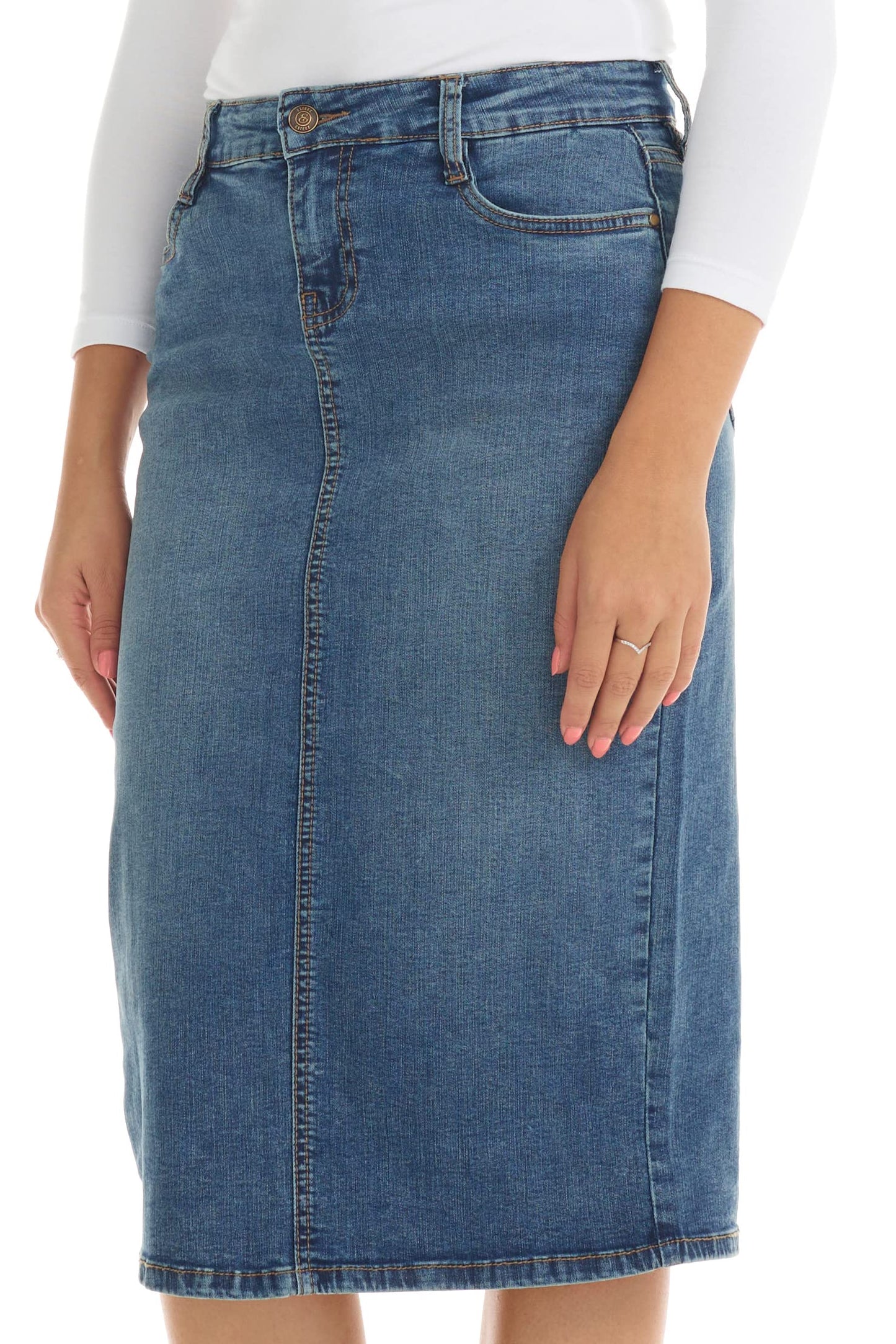 ESTEEZ Midi Length Pencil Stretch Denim Jean Skirt with Pockets for Women - Milan