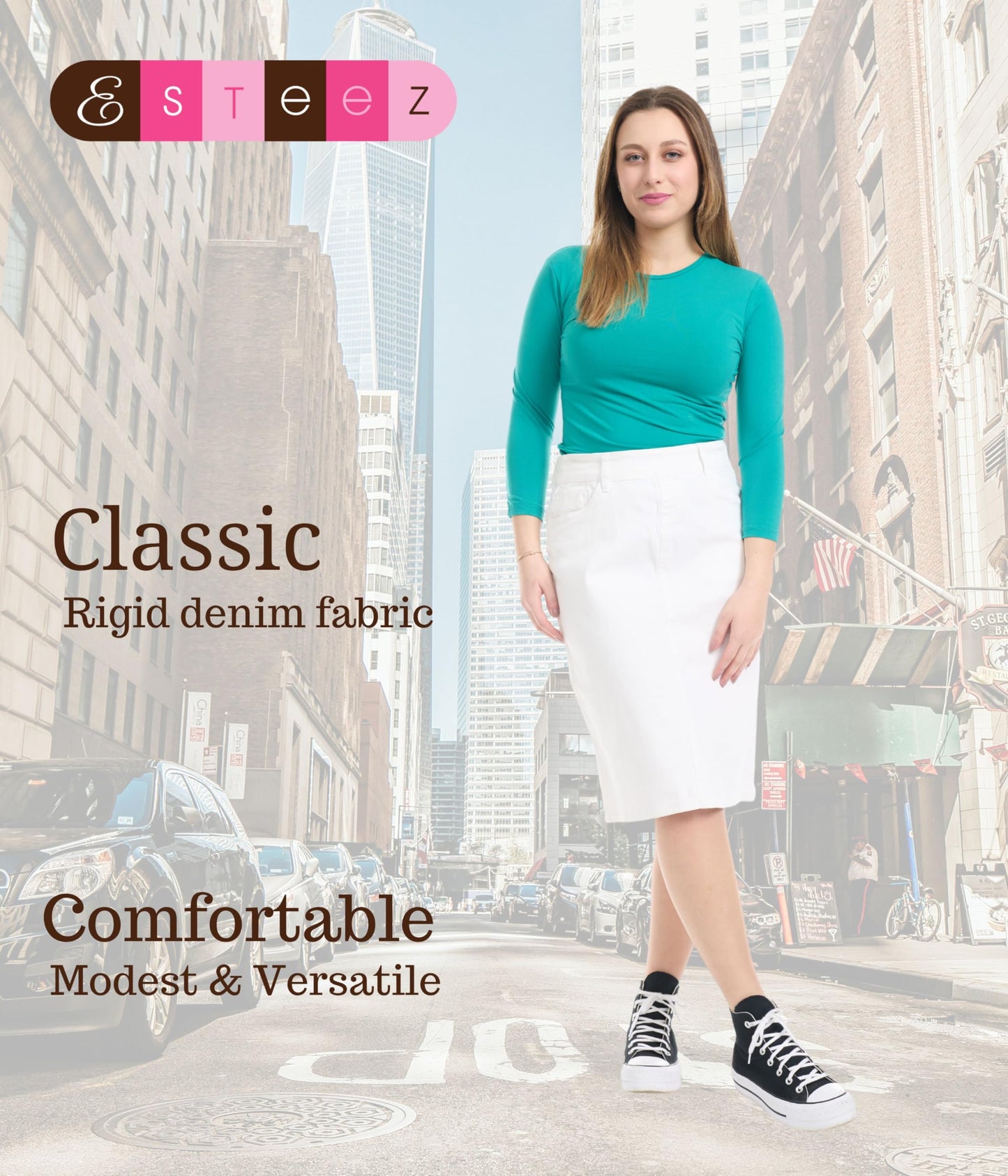 ESTEEZ Women's Stretchy Denim Jean Skirt - Straight Knee-Length with Pockets - Classic & Modest Design - Manhattan