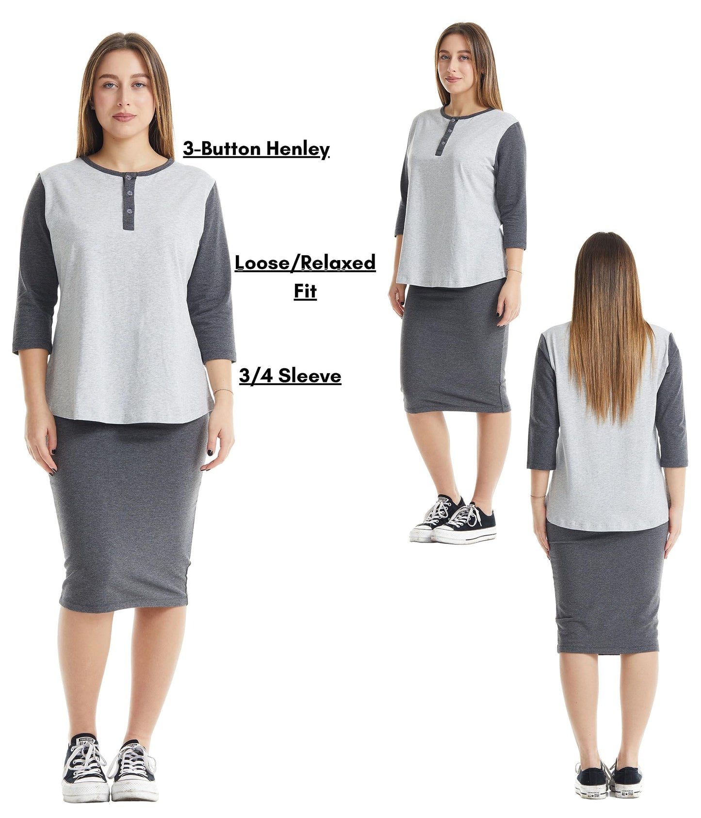 ESTEEZ 3/4 Sleeve Cotton Spandex Casual Henley Tops for Women