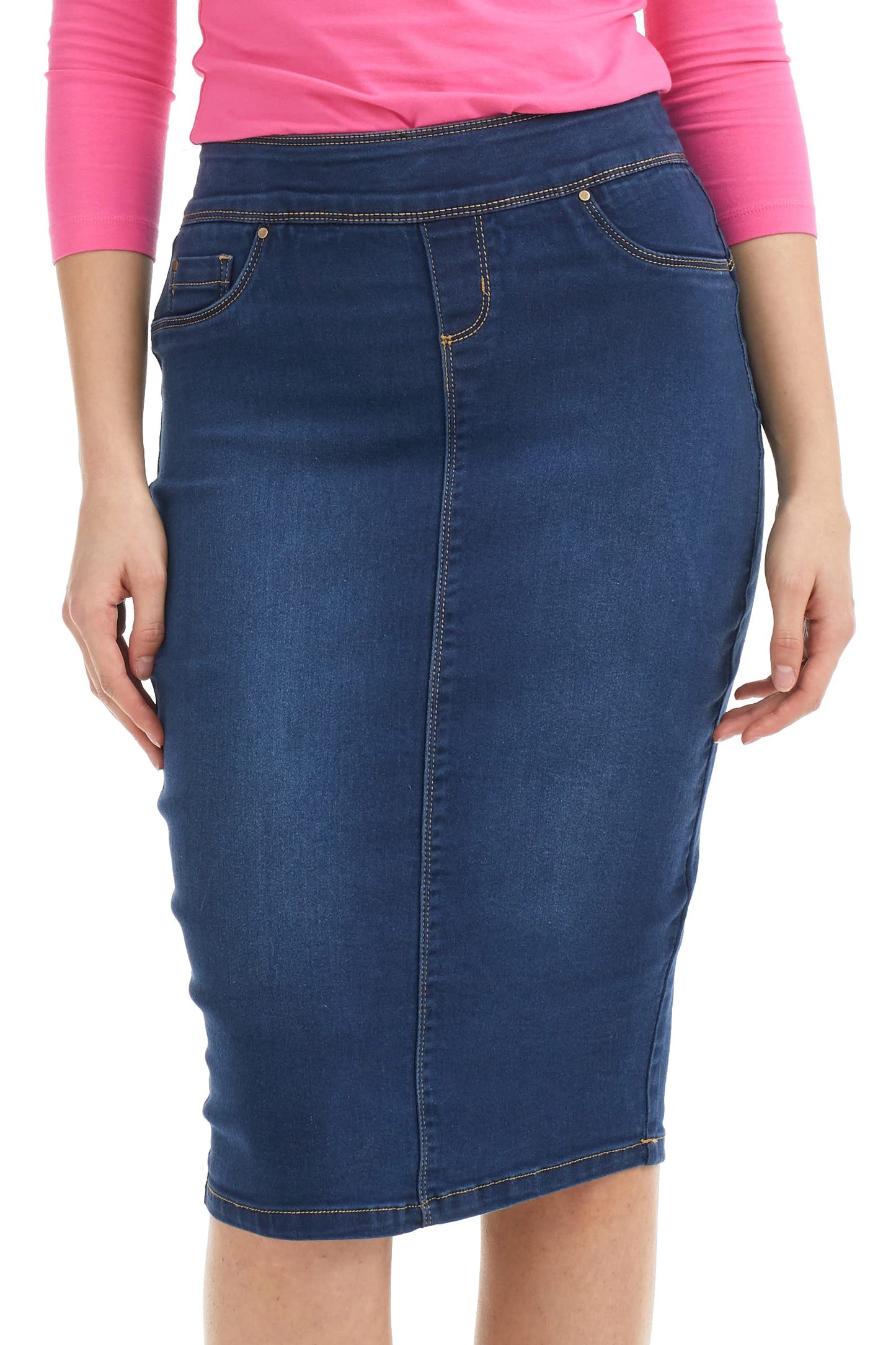 ESTEEZ High Waisted Pull-on Knee Length Stretch Denim Jean Skirt for Women - Siena