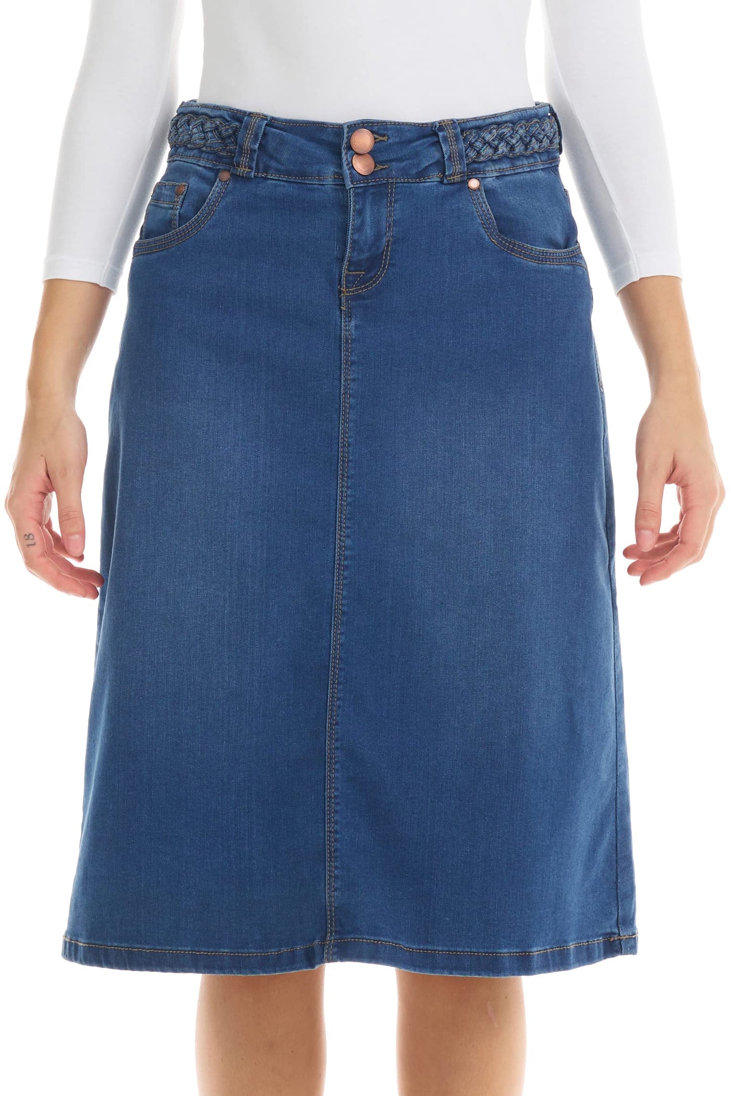 ESTEEZ Knee Length Flary A-Line Stretch Denim Jean Skirt for Women with Pockets - Sydney