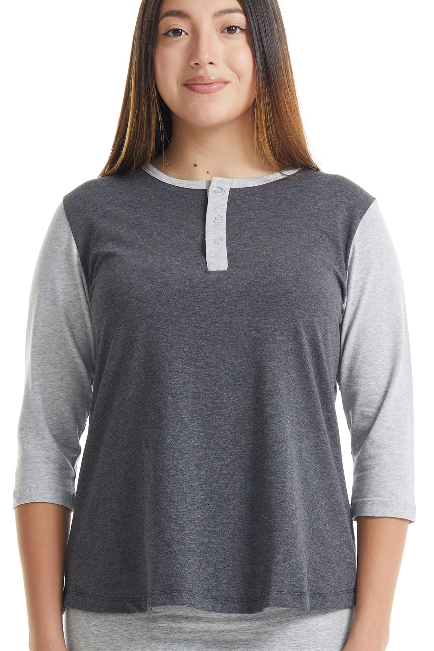 ESTEEZ 3/4 Sleeve Cotton Spandex Casual Henley Tops for Women