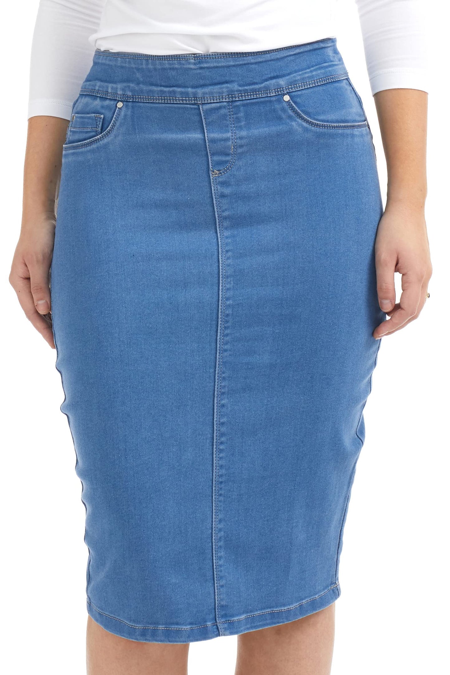 ESTEEZ High Waisted Pull-on Knee Length Stretch Denim Jean Skirt for Women - Siena