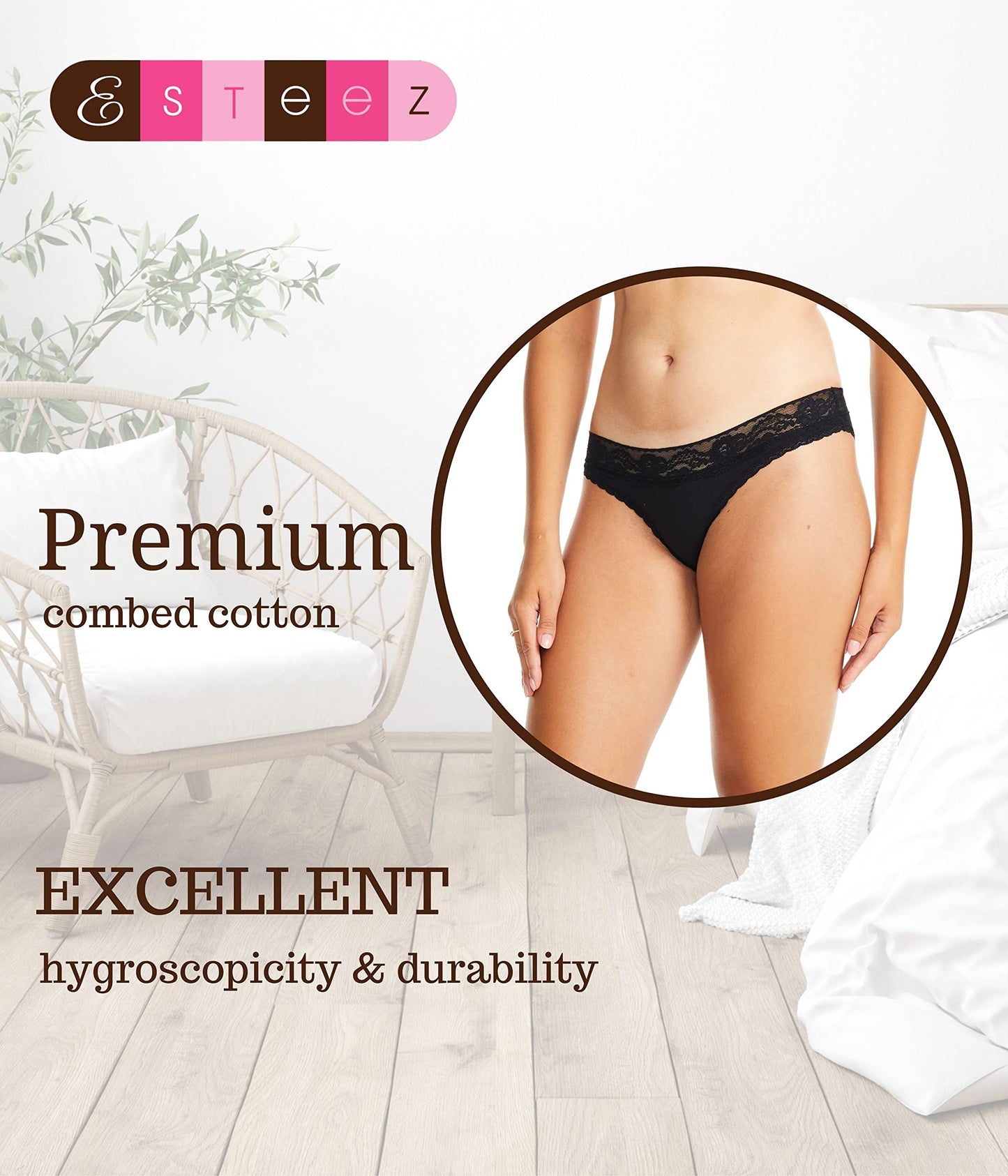 ESTEEZ Comfy Cotton Underwear Panties for Women with Lace Trim Bikini - Hipster - Hi Cut
