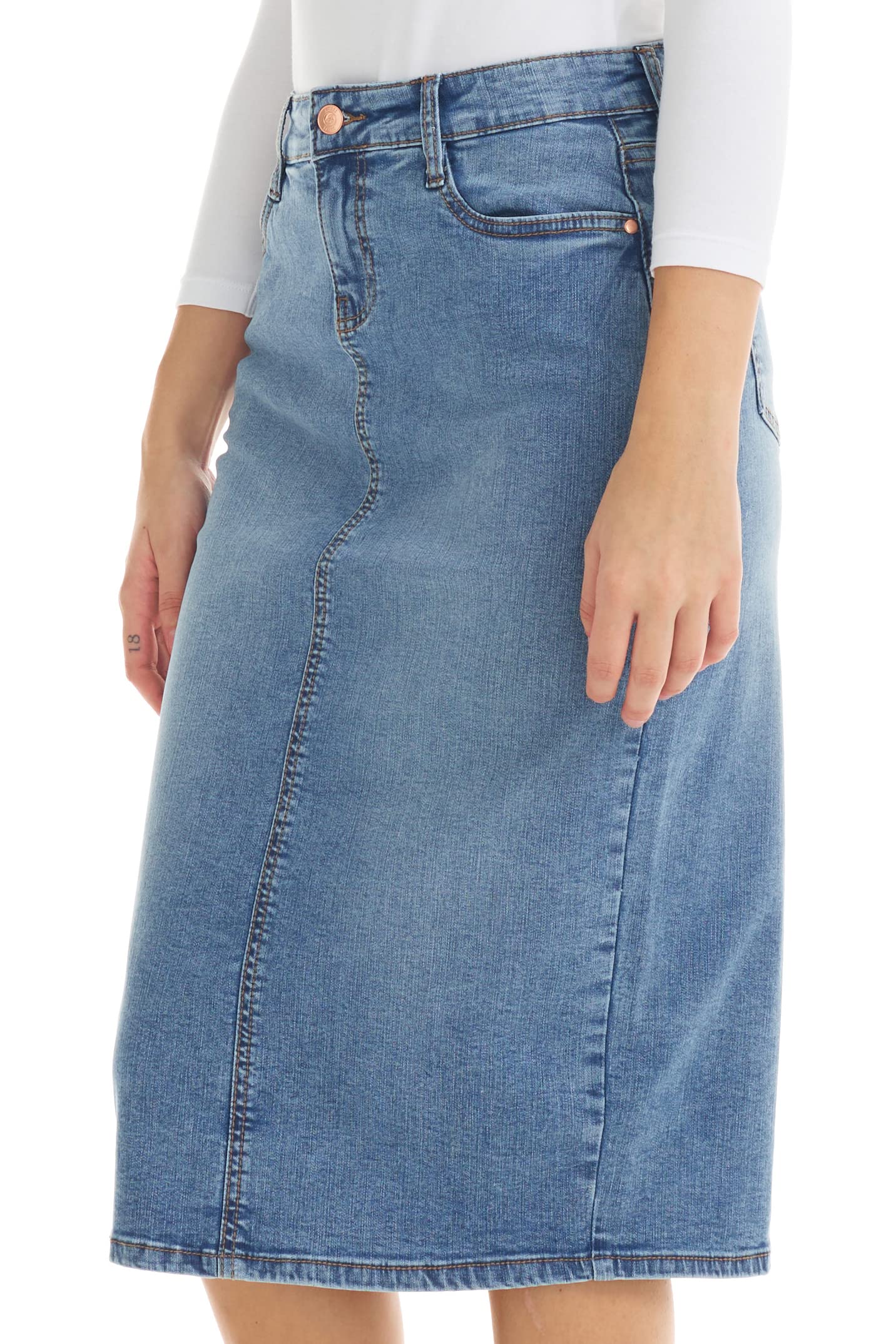 ESTEEZ Midi Length Pencil Stretch Denim Jean Skirt with Pockets for Women - Milan