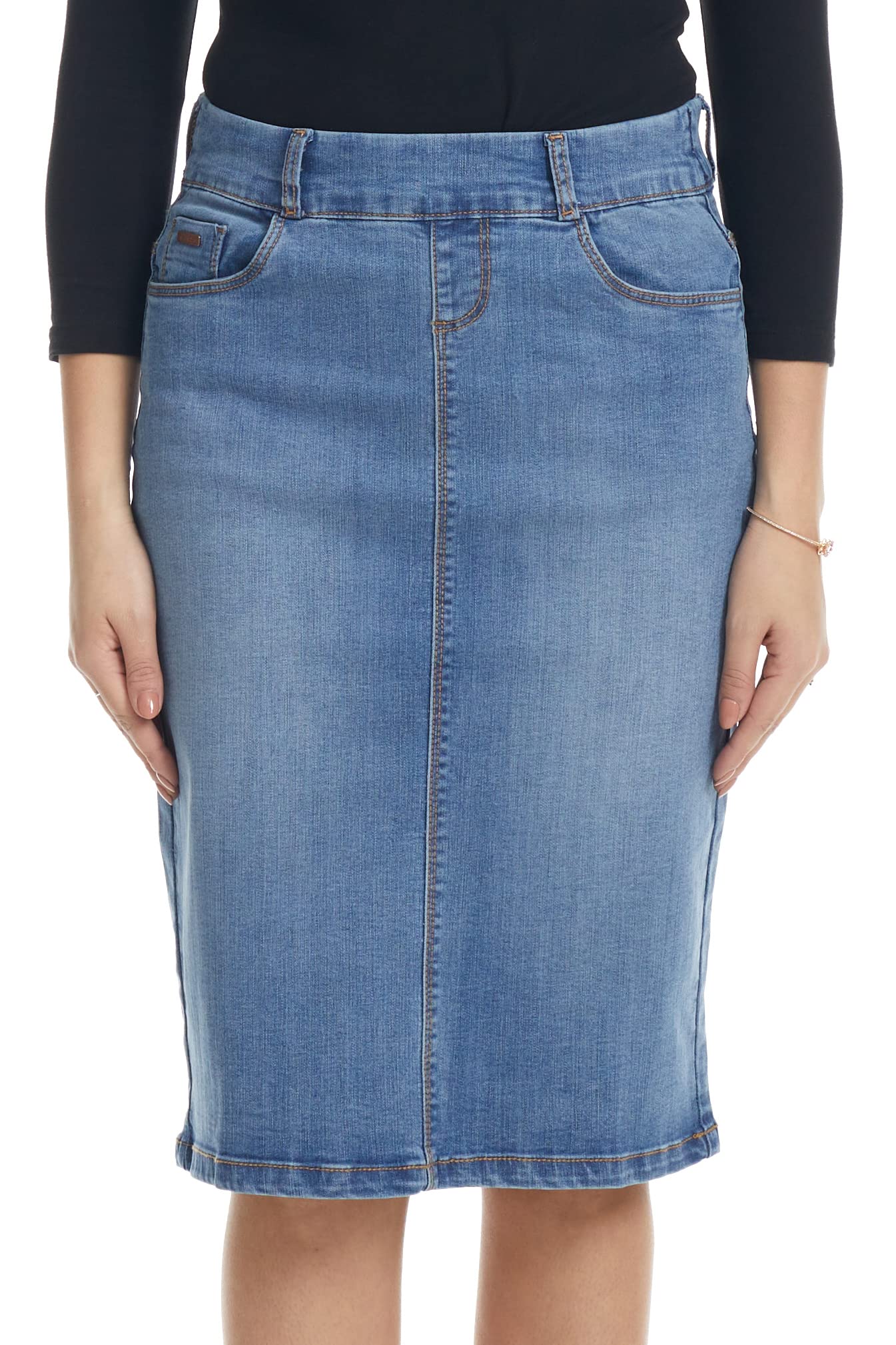 ESTEEZ Women's Stretchy Denim Jean Skirt - Straight Knee-Length with Pockets - Classic & Modest Design - Manhattan