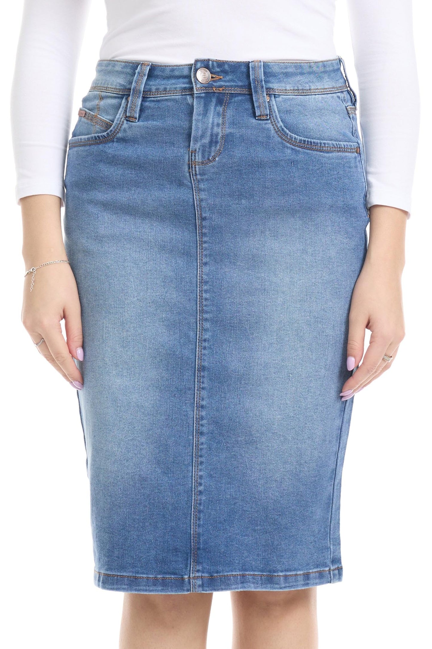 ESTEEZ Repreve Denim Knee-Length Jean Skirt for Women with Pockets - Melrose