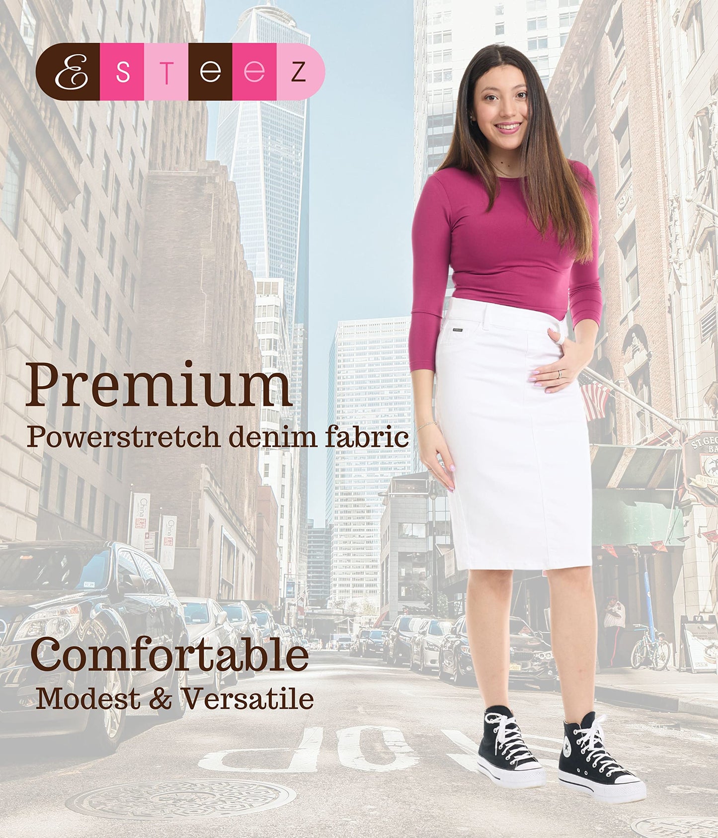 ESTEEZ Women's Stretch Denim Pencil Skirt – Soft, Flexible, Body-Hugging, Knee-Length Jean Skirt ‘Brooklyn’