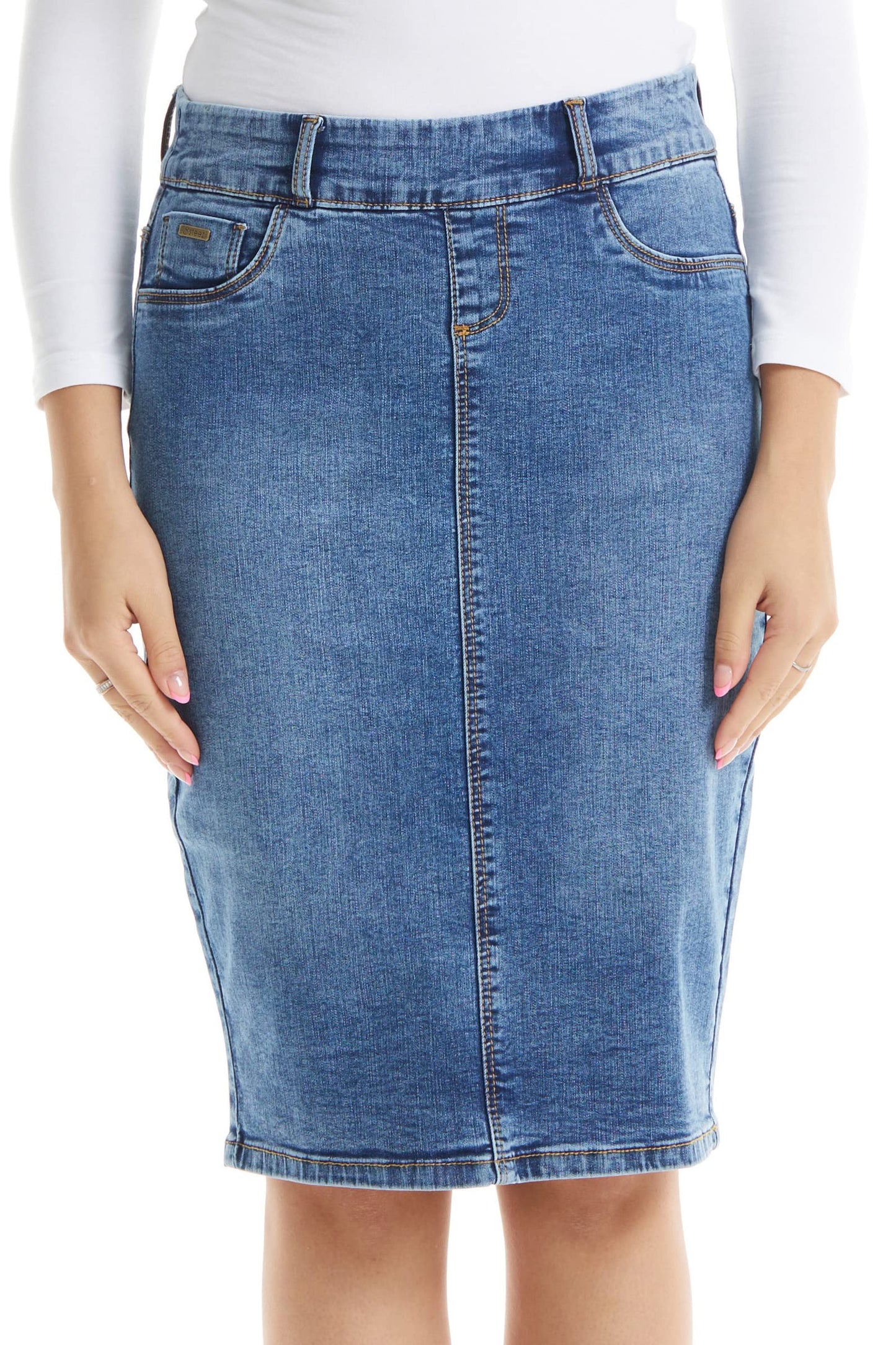 ESTEEZ Women's Stretch Denim Pencil Skirt – Soft, Flexible, Body-Hugging, Knee-Length Jean Skirt ‘Brooklyn’