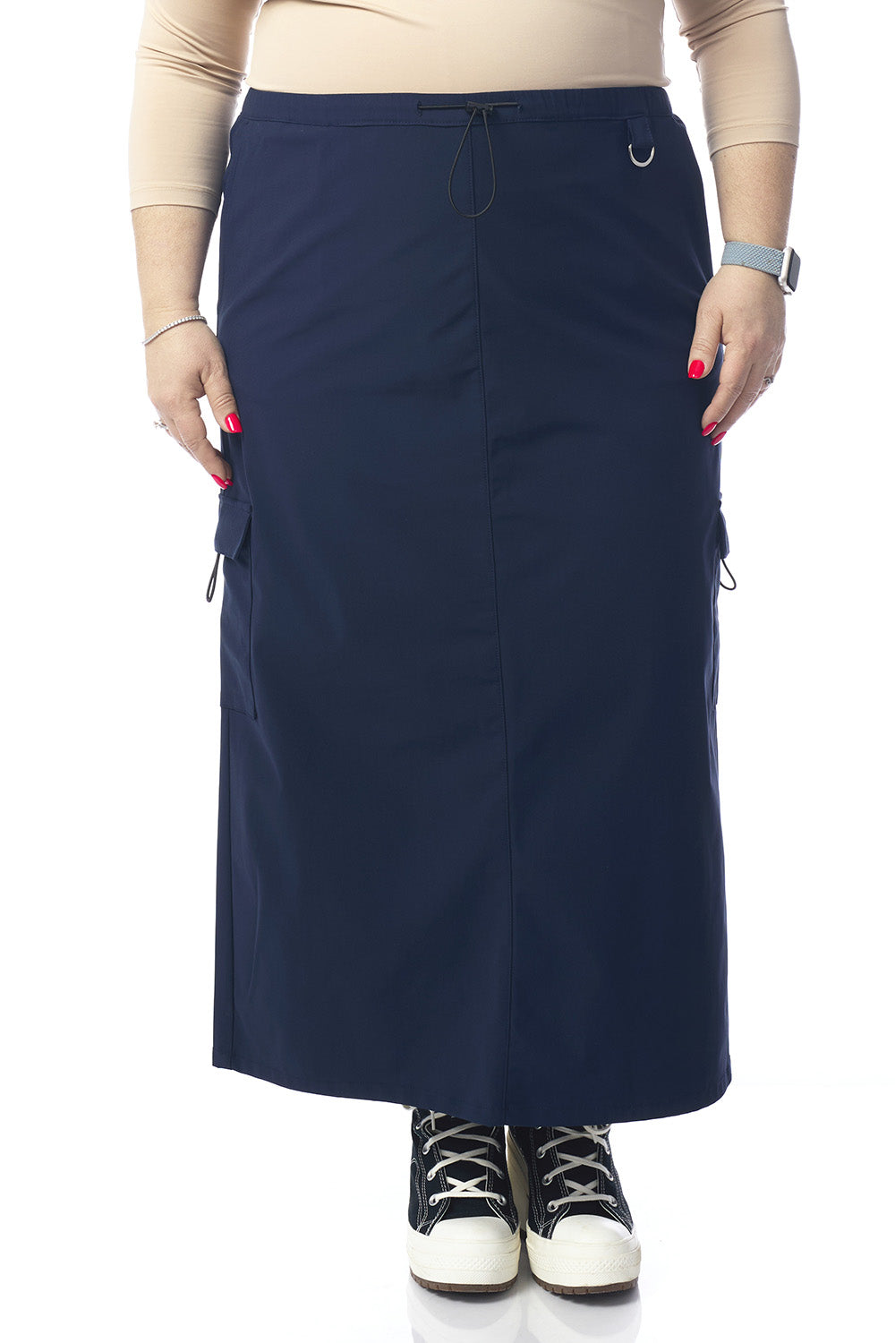 Navy Midi Length Cargo Skirt with Drawstring and Pockets Cali Cargo